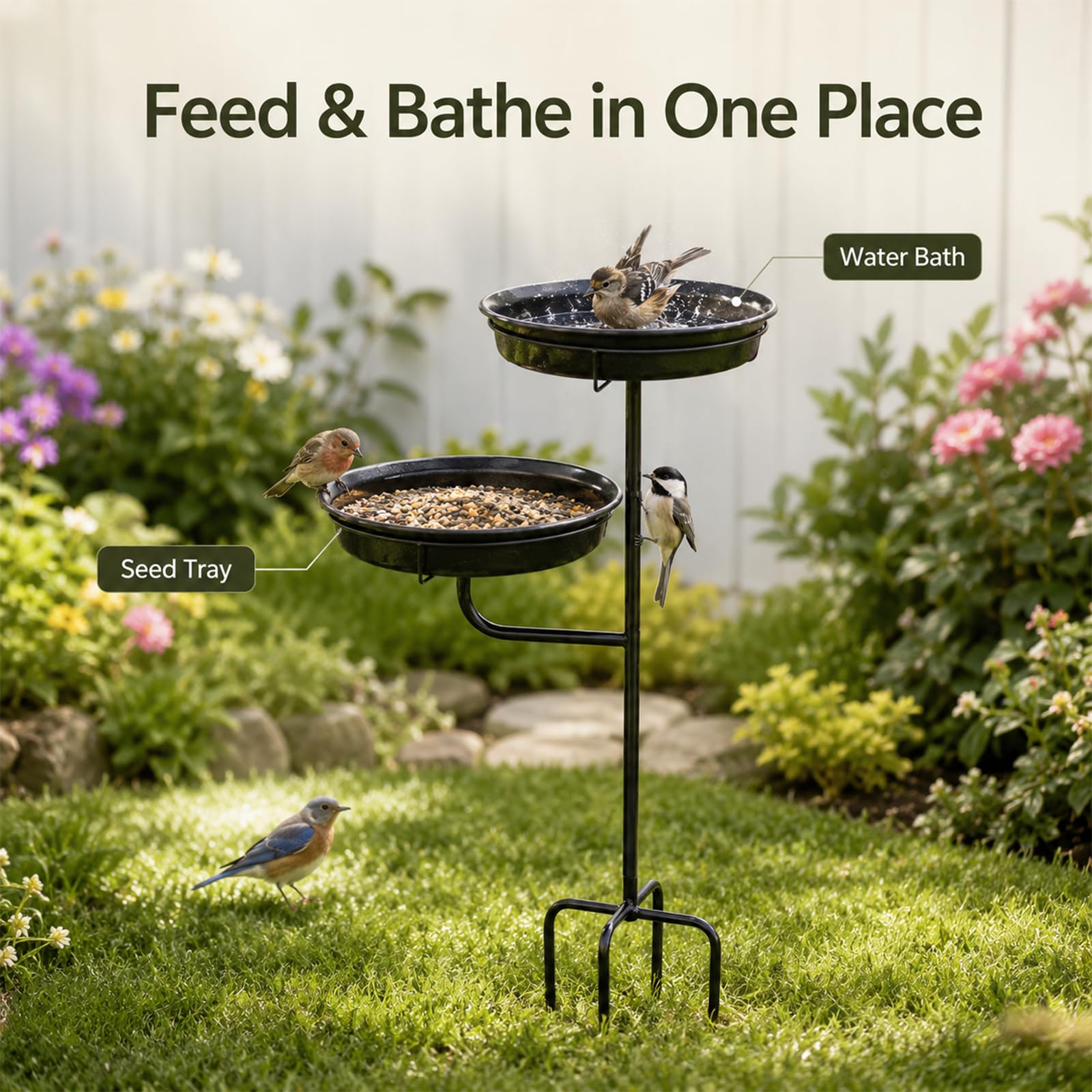 Bebedero Pájaros de Exterior Vintage Independiente, Comedero Pájaros con Base de 4 Estacas Metálicas, para Jardín, Terraza, Patio y Césped (Negro)