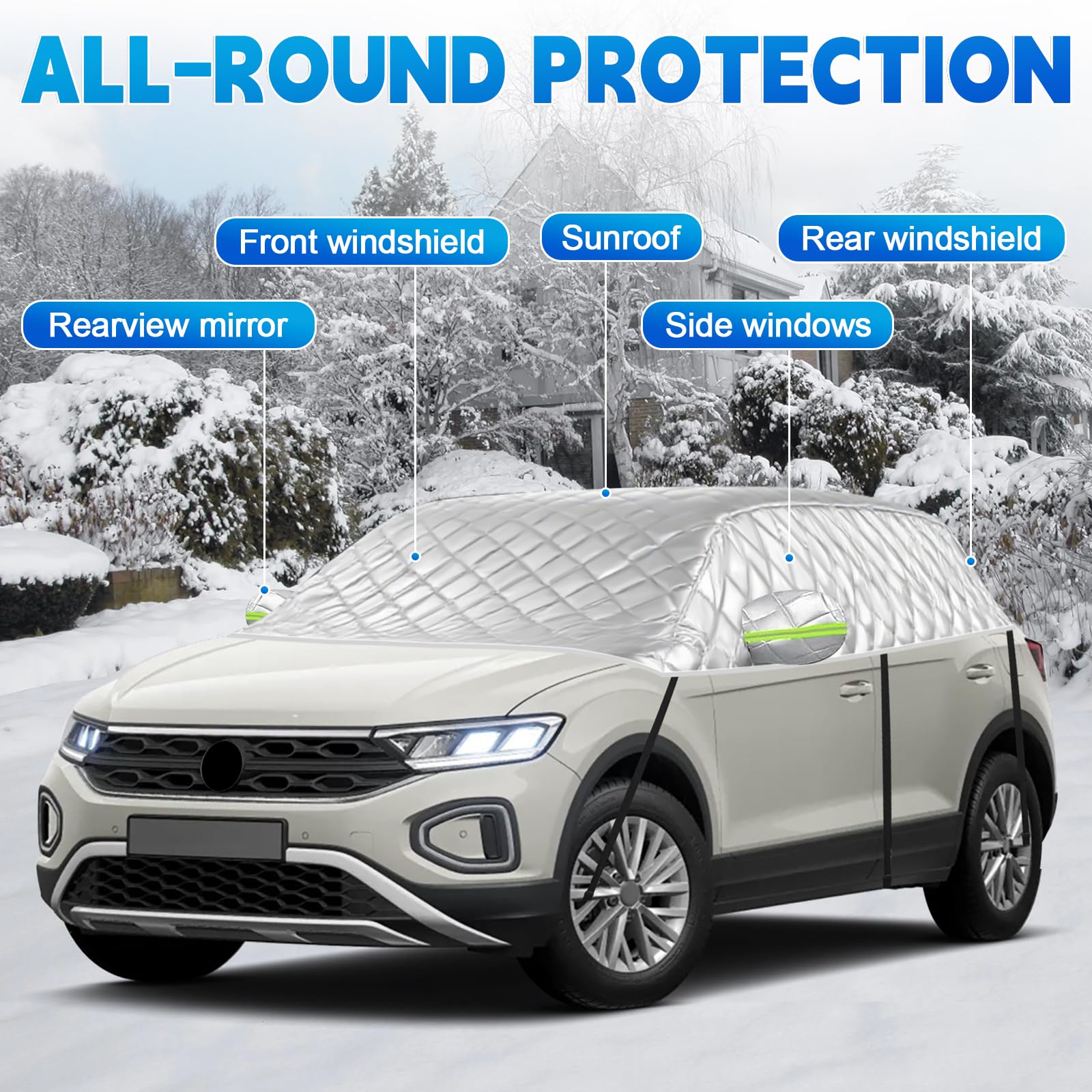Hagelsichere Autoabdeckung Winter Passend für VW T-ROC 2017-2025, Auto Halbgarage Abdeckplane Wasserdicht, Verdickte Autoabdeckung mit Reflektorstreifen