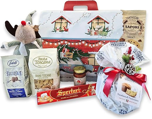 Speciale Italia Christmas Baskets - Christmas House Gift Box, Gastronomic Christmas Basket with 500g Panettone and Sweet and Savory Food Products, 8 Pieces