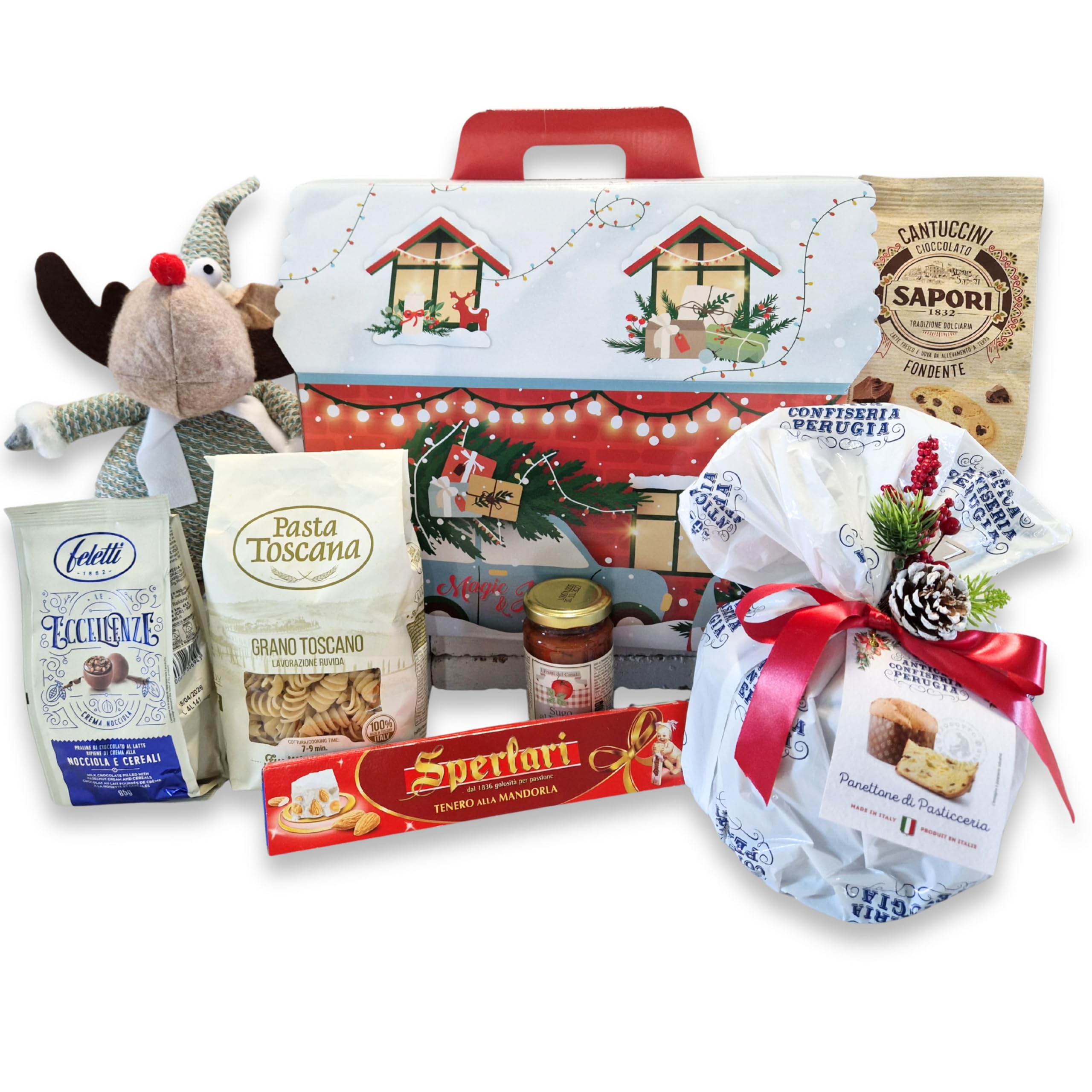 Cesti Natalizi Speciale Italia – Confezione Regalo Casa del Natale, Cesto Natalizio Gastronomico con Panettone da 500g e Prodotti Alimentari Dolci e Salati, 8 pezzi