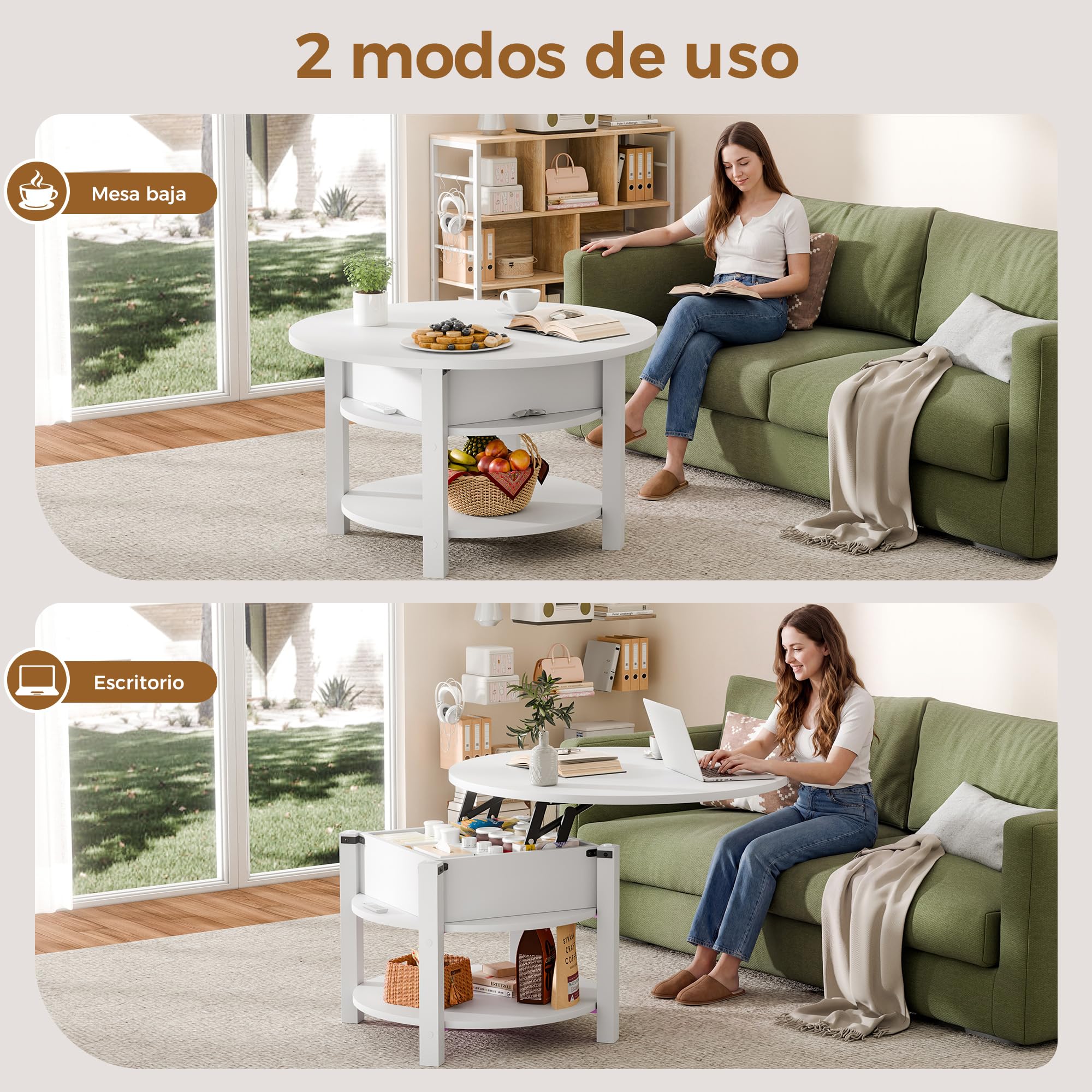 ELUCHANG Mesa de Centro Redonda Elevable y Extensible 2 en 1 para Salón y Oficina, Mesa de Cafe con Espacio de Almacenamiento de 2 Niveles, Madera en Blanco, 80x80cm
