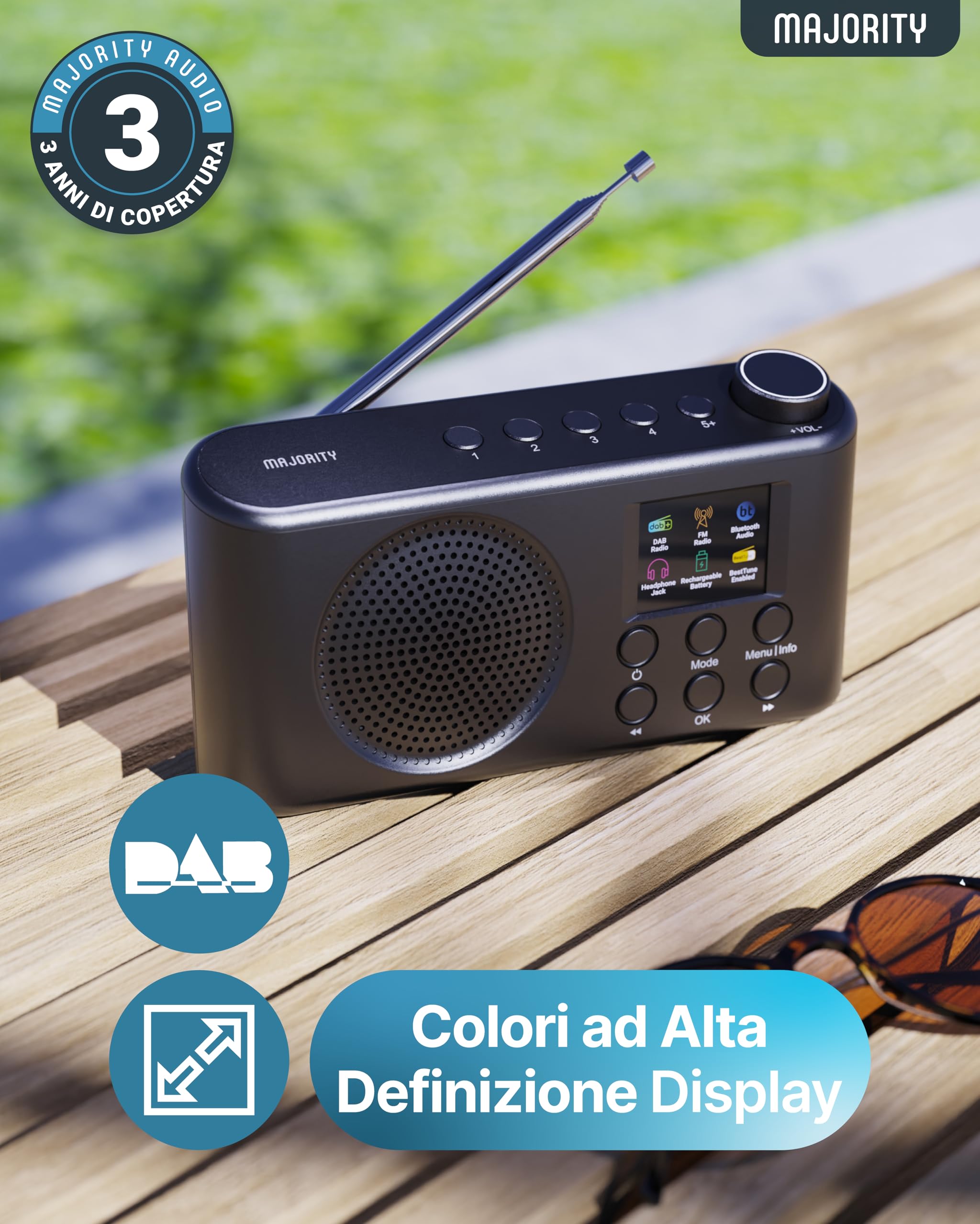 Majority Orwell Pro DAB/DAB+ Radio Portatile | Bluetooth FM, 40 Preset, 4 Pulsanti Rapidi, 15 Ore Batteria Ricaricabile USB-C, Minuterie Sonno, EQ 7 Presets, Schermo LCD | Radio Dab Casa, Viaggio