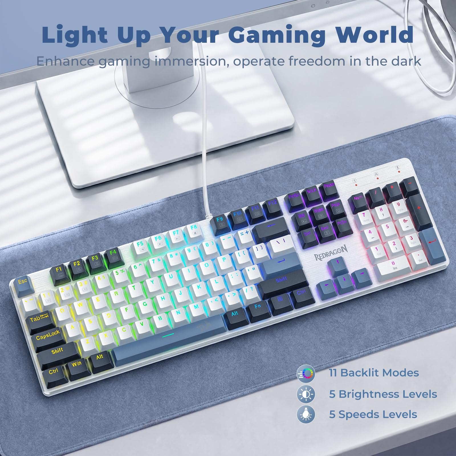 Redragon Teclado mecánico para juegos con cable, 11 modos retroiluminados programables, interruptor rojo intercambiable en caliente, antifantasma, teclas PBT de doble disparo, teclado iluminado para