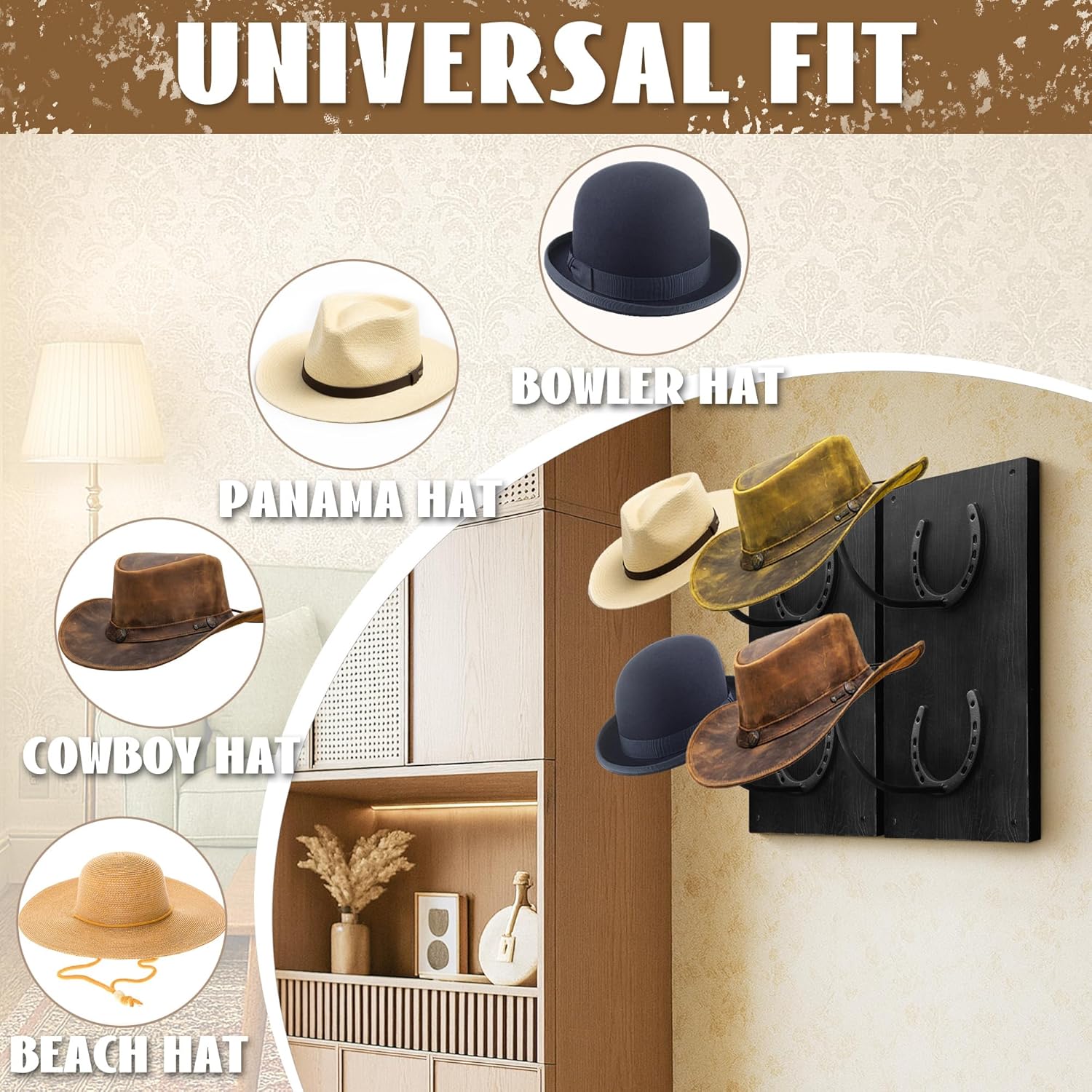 Montex Cowboy Hat Rack For Wall Mount, Wooden Cowboy Hat Holder 4 Hats, Hanging Western Hat Rack 2 Pack, Hat Organizer with Horseshoe Mounts Western, Black