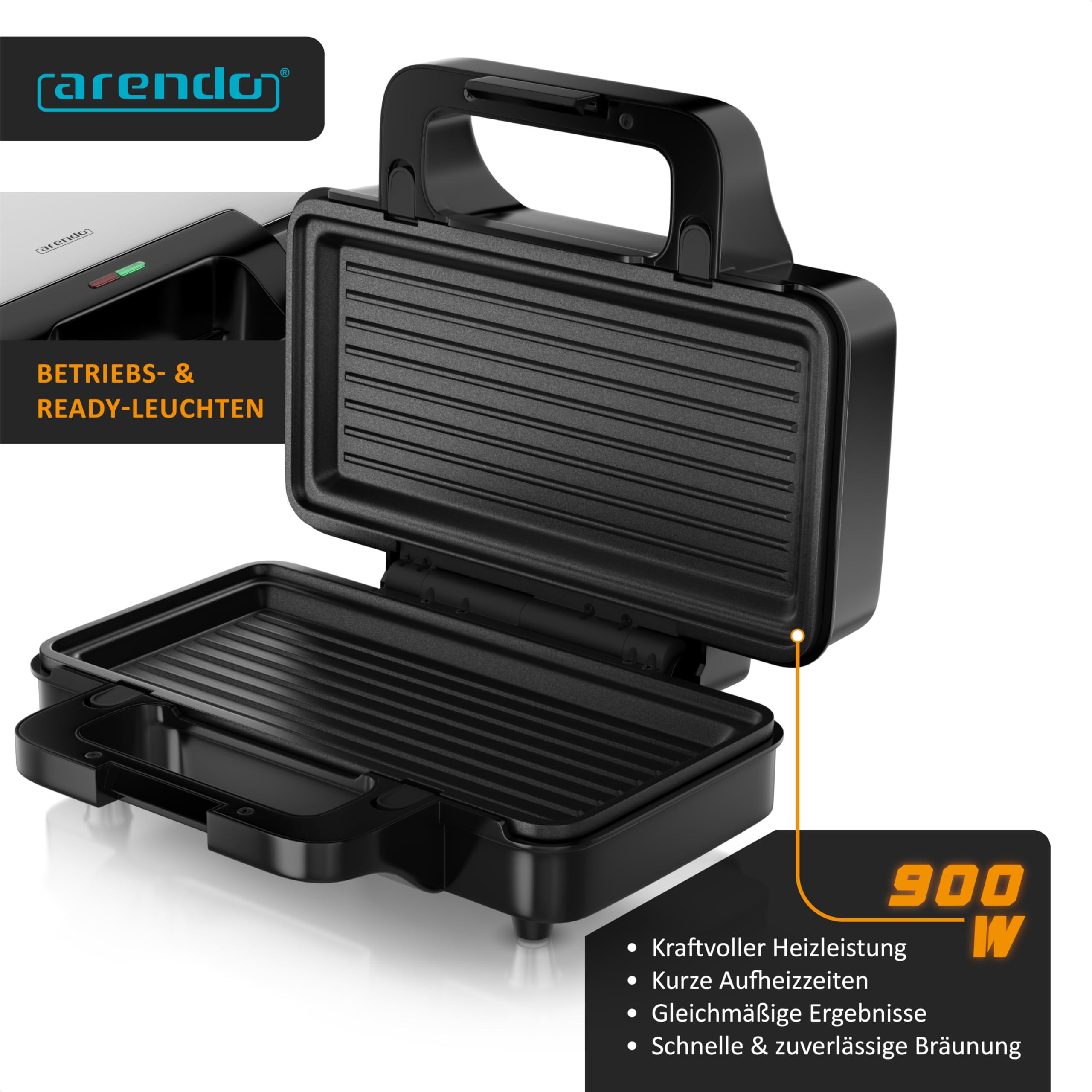 Arendo - Sandwichmaker 3 in 1 - mit Wechselplatten - Kontaktgrill – Waffeleisen – Sandwichmakler XXL - Antihaftbeschichtung – für Sandwiches, belgische Waffeln, Grillgut uvm - klein und kompakt