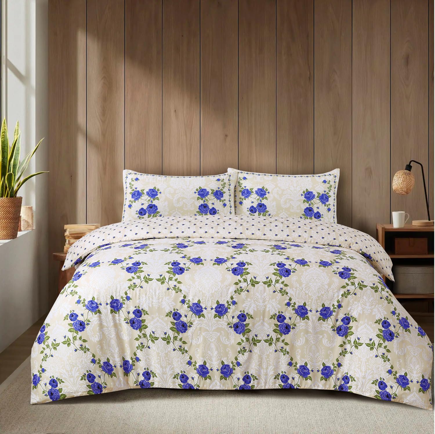 CHARKHAH 4 Piece Reversible Duvet Cover Set, Soft Brushed Microfibre Bedding with Fitted Sheet & 2 Pillowcases, Breathable Anti-Allergy Easy Care – Single, Double, King & Super King