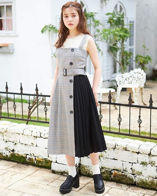 Amazon Co Jp イング Ingni サイドボタンチェック柄プリーツ切替 ジャンスカ 1194 582149 グレー チェック M 服 ファッション小物