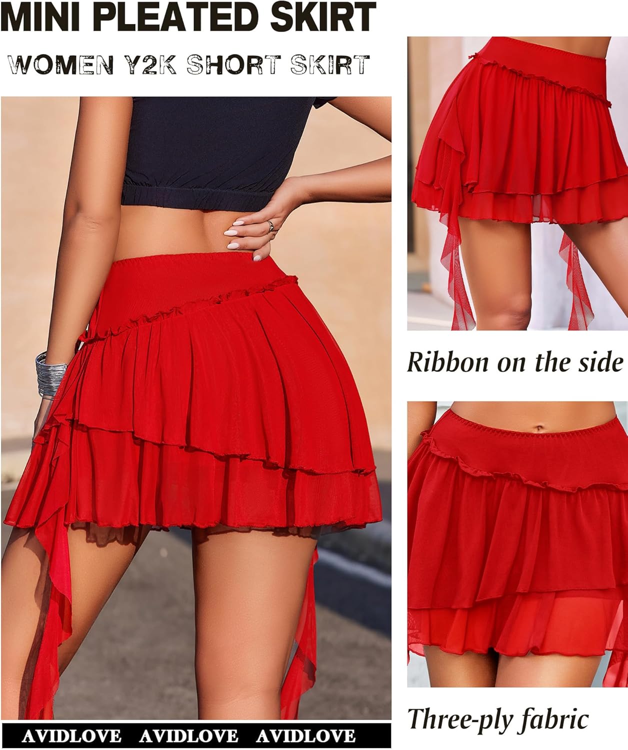 Avidlove Women's Pleated Mini Skirt Mesh Layered Ruffled Skirt Casual Ruffles Flowy Hem S-XXL - Image 4