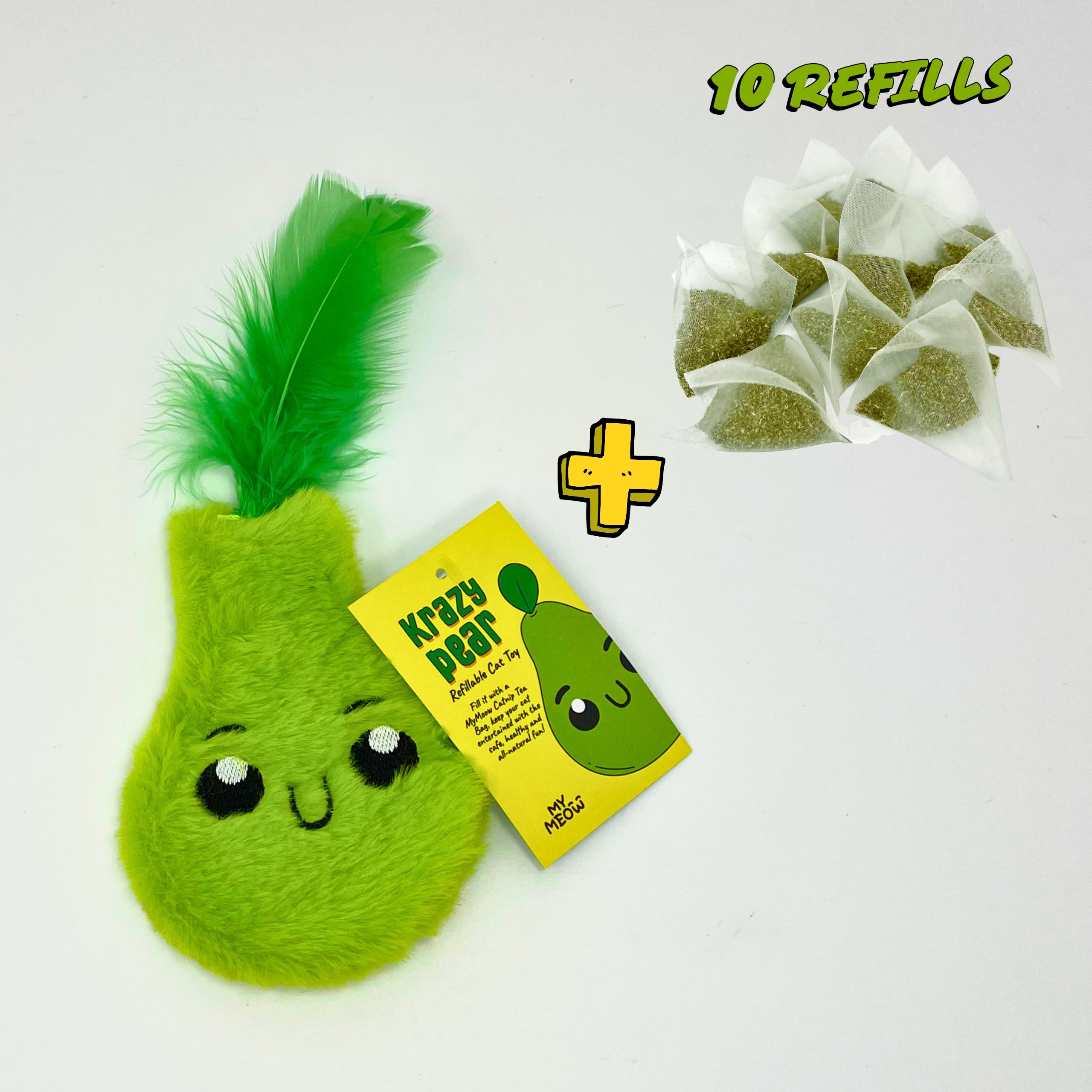 WufWufMyMeow Krazy Pear Refillable Cat Toy with 10 North American Natural Catnip Refill Bags, Interactive Indoor and Outdoor Cat Nip Toy for Cats and Kittens