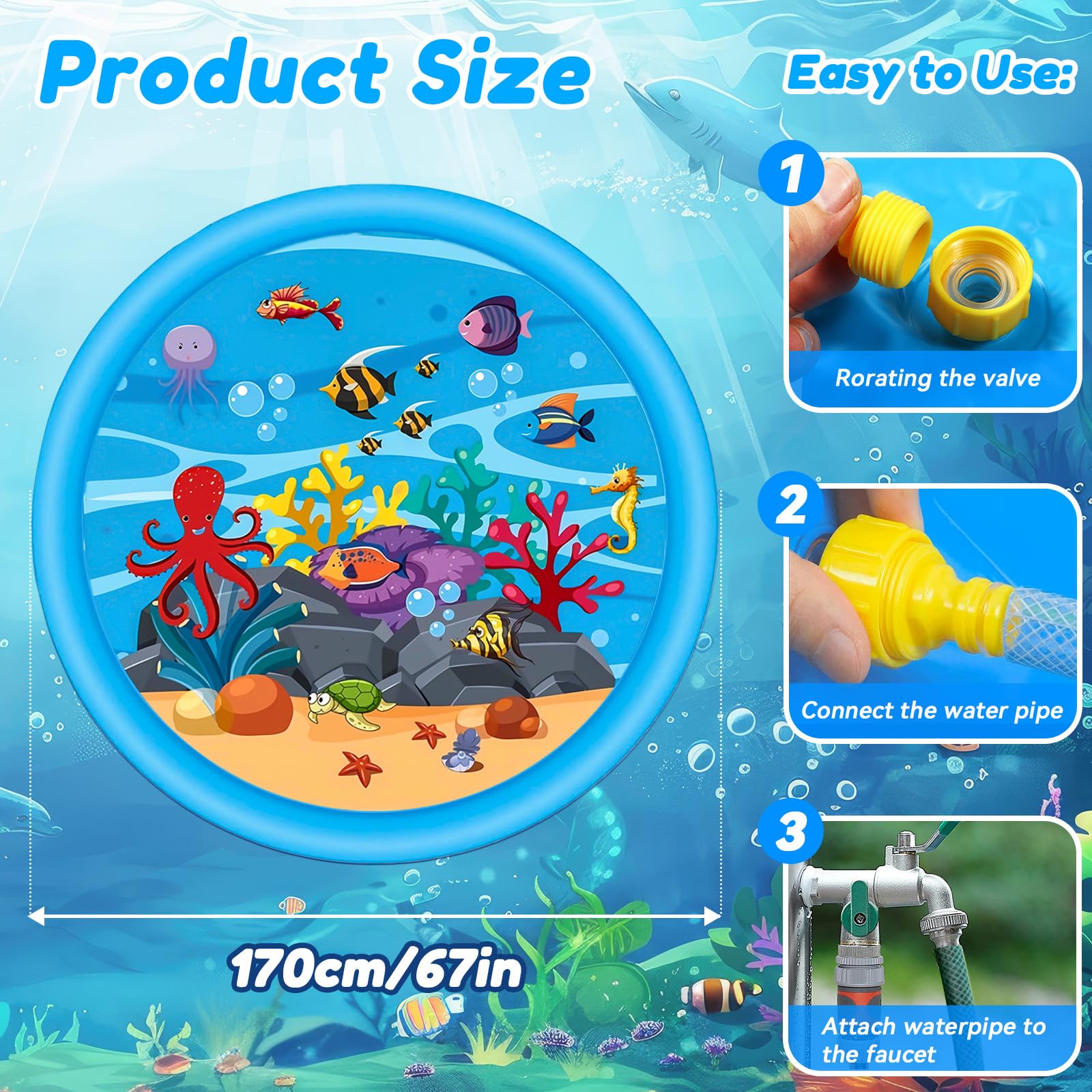 170CM Tapis d'eau, Tapis de Jeu d'eau, Jouet Aquatique d'Été, Jeu d'eau Extérieur pour Enfants et Animaux de Compagnie, Adapté pour Les Activités Extérieures, Les Fêtes à La Plage et Les Jardins