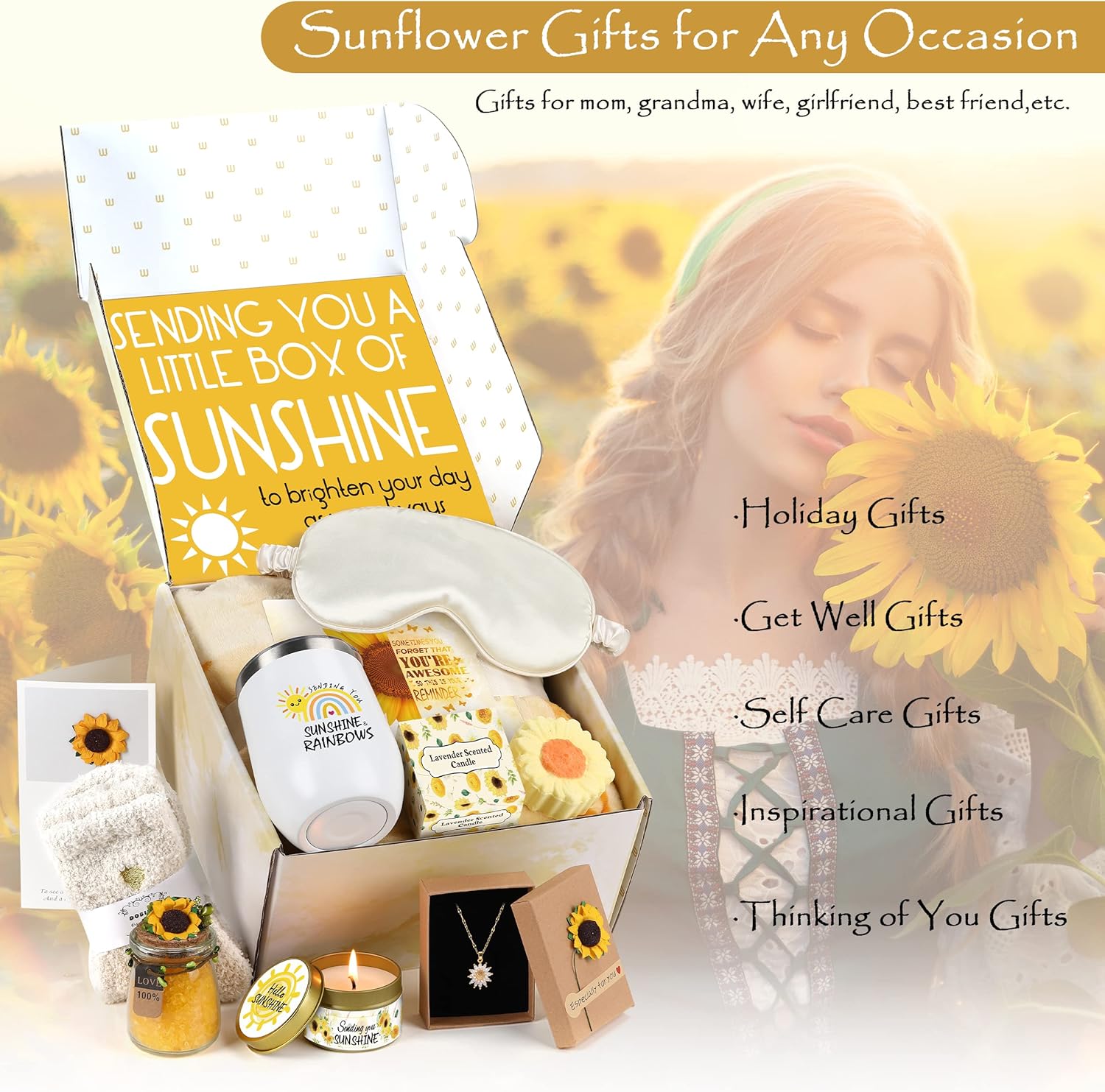 Sunflower Gifts for Women Sending Sunshine Gift-Birthday Valentines Day Gifts for Women Unique-Thank-Self Care Package-Get Well Gift-Inspirational Spa Gift Basket for Mom Grandma Wife Friends Sister - Image 2