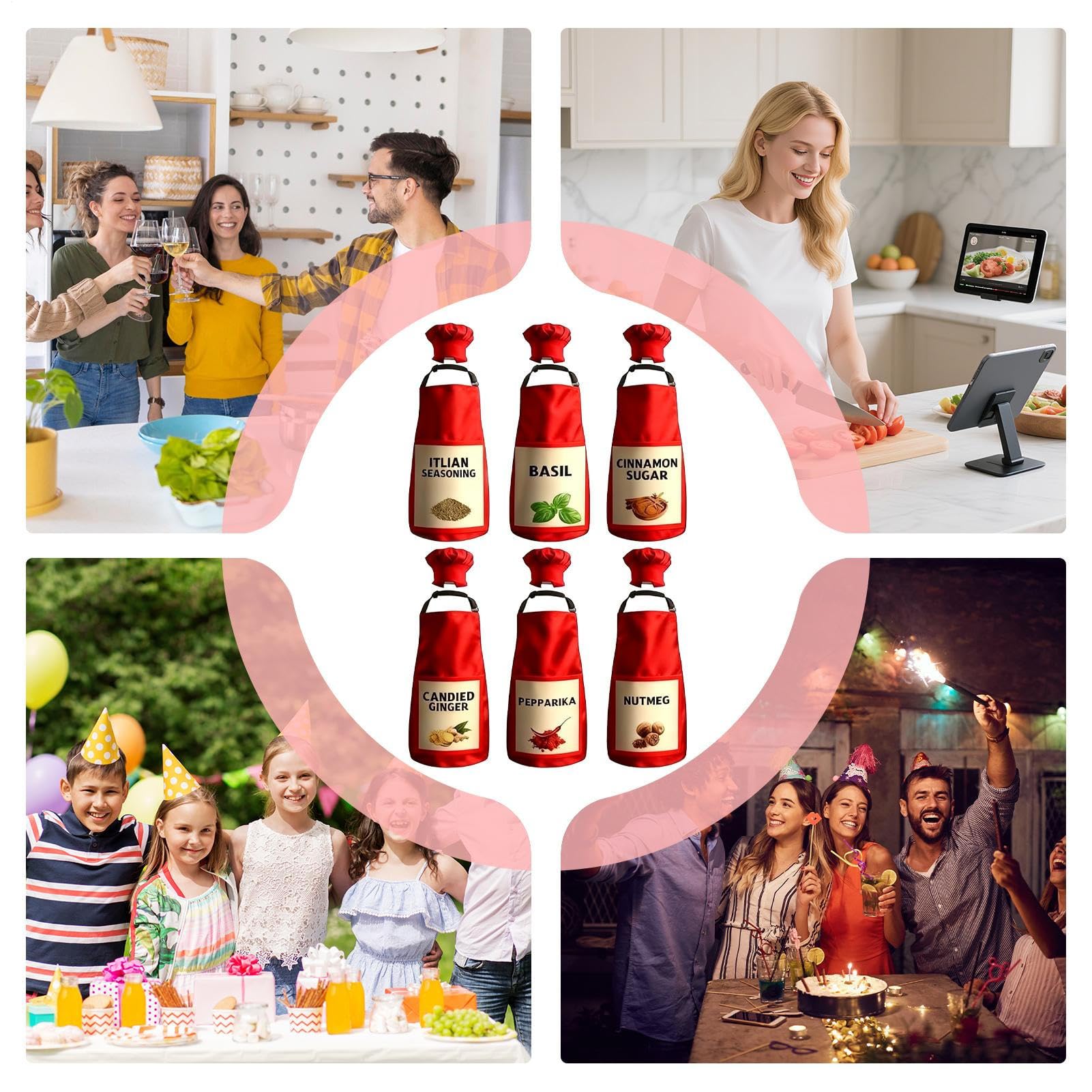 Verstellbares Gewürz Kostüm Set - Sechs Stück Verkleidungsoutfit Mottoparty Outfit | Kochmütze Set für Männer und Frauen, Familienteam Rollenspiel-Kostüm