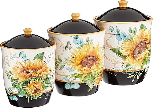 Sunflower Fields - Juego de recipientes de cerámica de 3 piezas con tapas herméticas, tarros decorativos de almacenamiento floral para encimera de