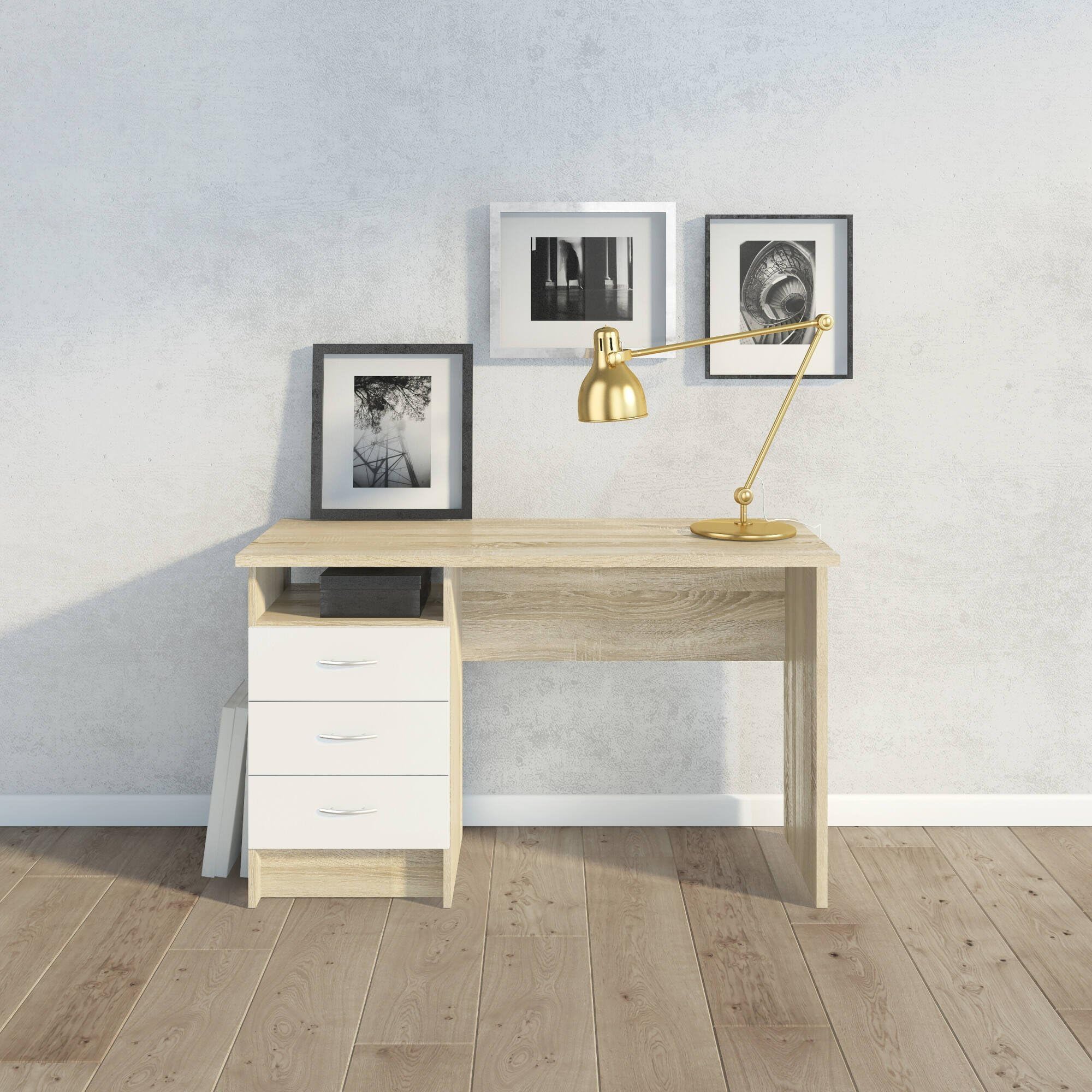 Dmora - Scrivania Priscille, Scrittoio multiuso, Tavolo per ufficio porta PC, Piano di lavoro, 120x48 h72 cm, Quercia e Bianco