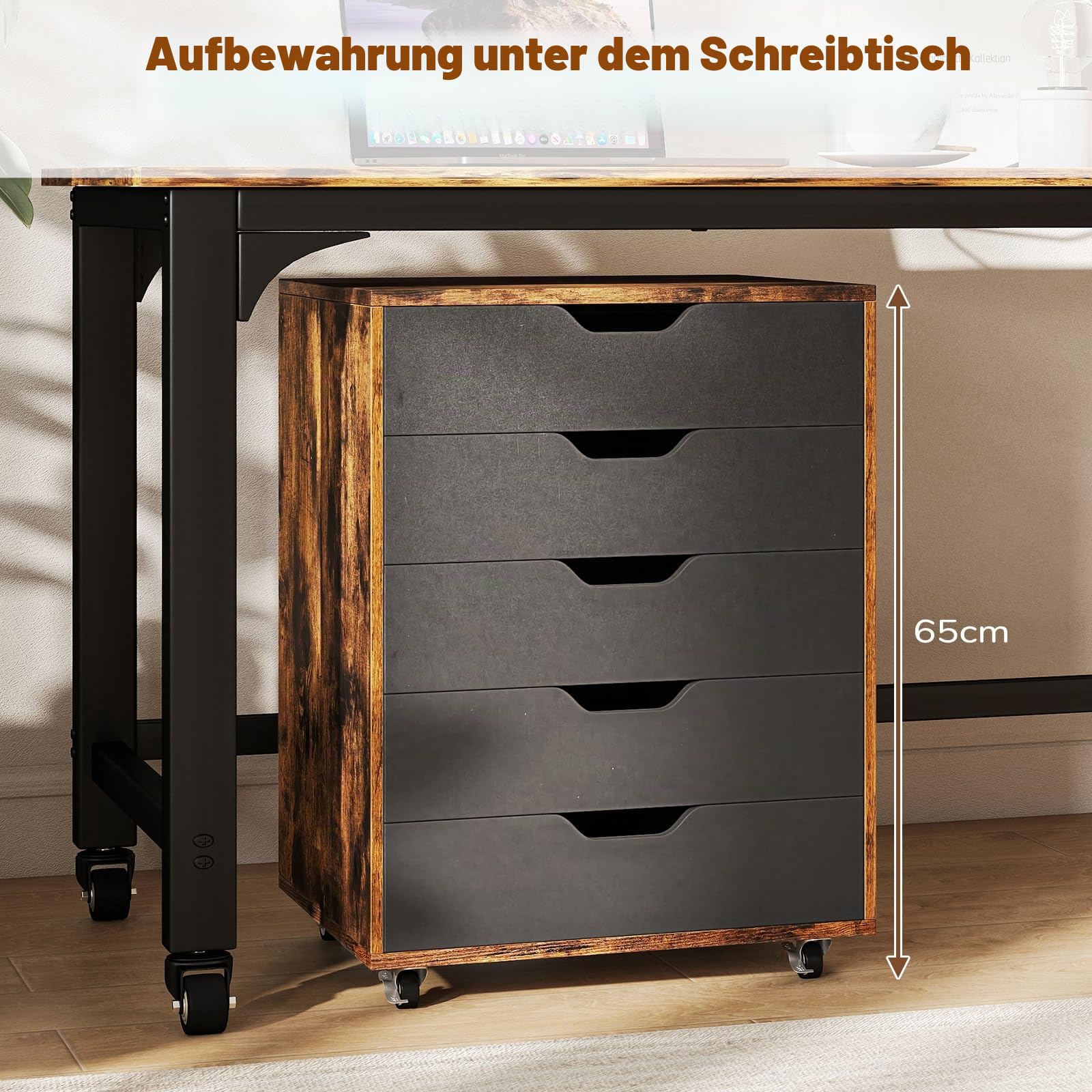 GIANTEX Aktenschrank auf Rollen, Rollcontainer mit Schubladen, mobiler Druckerständer für Home-Office & Büro, für Ordner, Dokumente, Papiere (Schwarz + Braun, 49 x 40 x 65 cm)