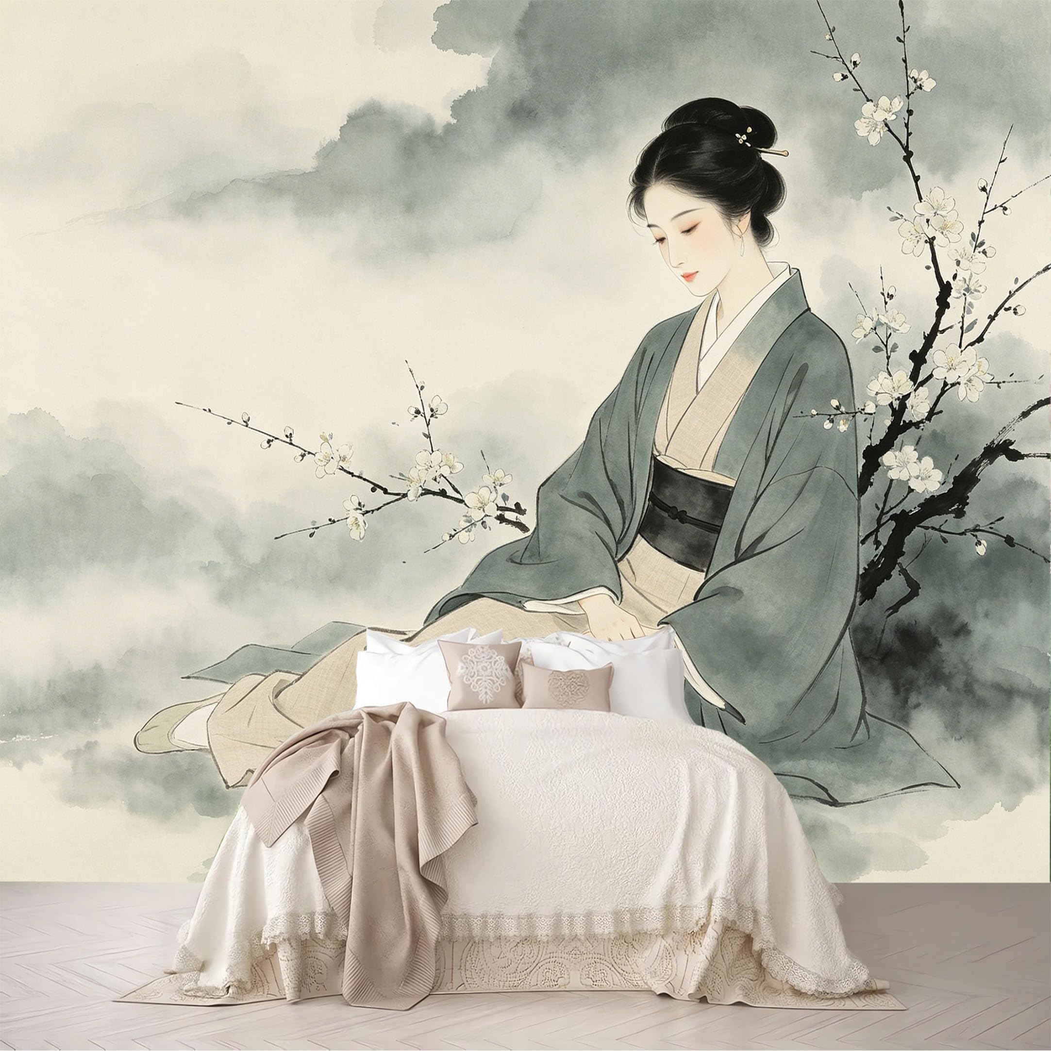 Dskjoviality Ab260706066 Custom Size Wall Mural Ink Kimono Lady Plum Portrait Wallpaper Removable Self Adhesive Peel And Stick Wallpaper For Bedroom Living Room Dining Room