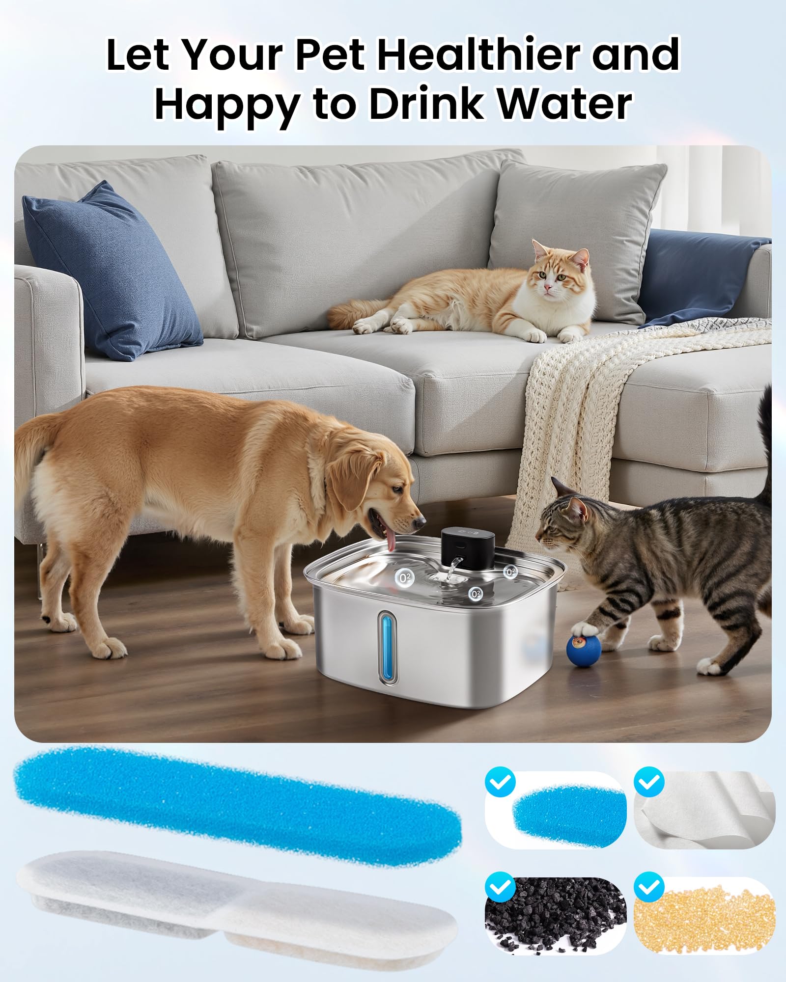 10L Dog Water Bowl Dispenser Fountains Accessories, Pet Cat Water Fountain Stainless Steel, Safe Multi-Filtered Automatic Dispenser for Dogs 2.4G Wi-Fi 2.64Gal/338 Oz (8 Filters & Sponges) - image 3