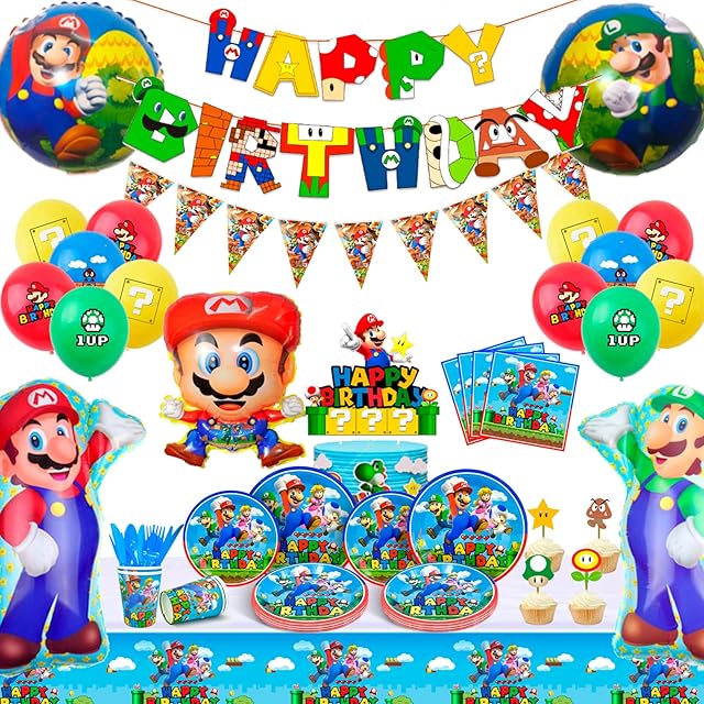 Super Mario Birthday Party Supplies,115 Pcs Mario Party Decorations & Tableware Set - Mario Table Cloth Balloons Banner Plates Cups Napkins Cake Topper,ect Mario Party Supplies for Kids Theme Party