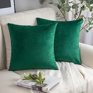 Phantoscope Pack of 2 Christmas Velvet Decorative Throw Decorative Pillow Cover Soft Solid Square Cushion Case for Couch Christmas Green 18 x 18 inches 45 x 45 cm