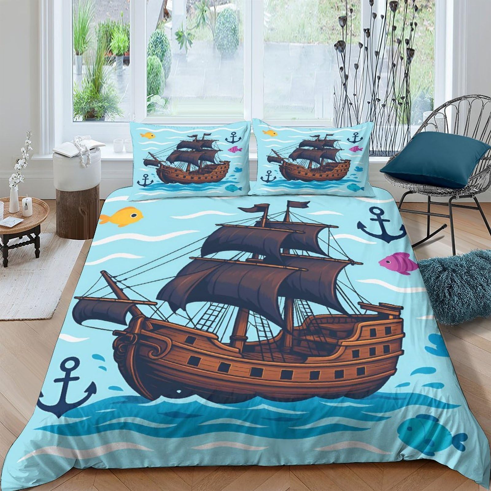 GPLZQXKJNH 3D Printed Pirate Ship Duvet Cover Microfiber Soft Blue Ocean Bedding Set with 2 Pillowcases for Bedroom Decor Single（135x200cm）