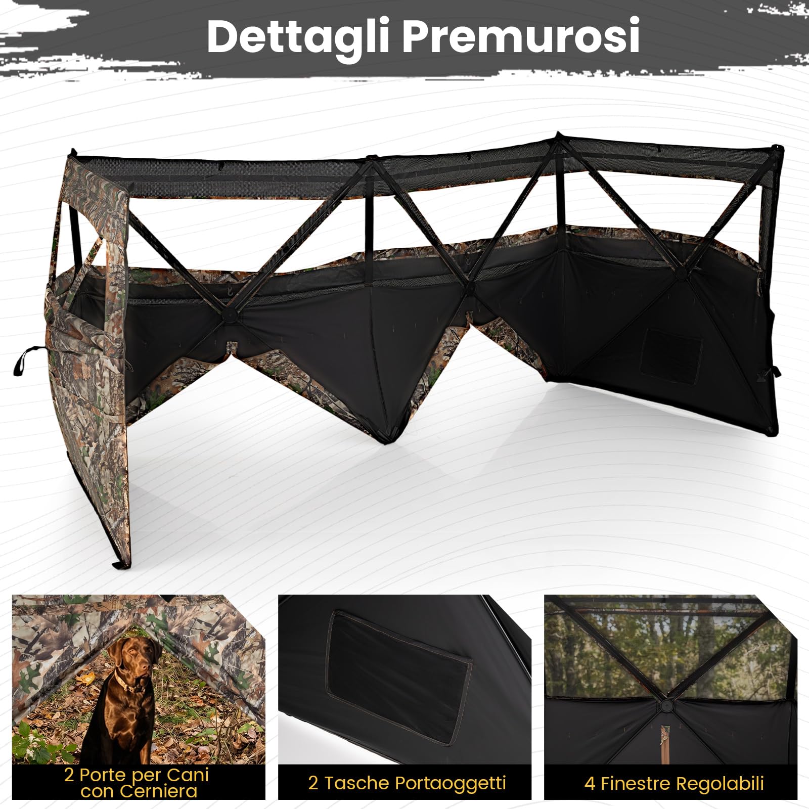 COSTWAY Barriera di Caccia Mimetico a 3 Lati Portatile 360°, Nascondiglio Pop-up 1-3 Persone con Porta per Cani, Tessuto Oxford con Borsa Trasporto, per Fotografia Naturale e Caccia