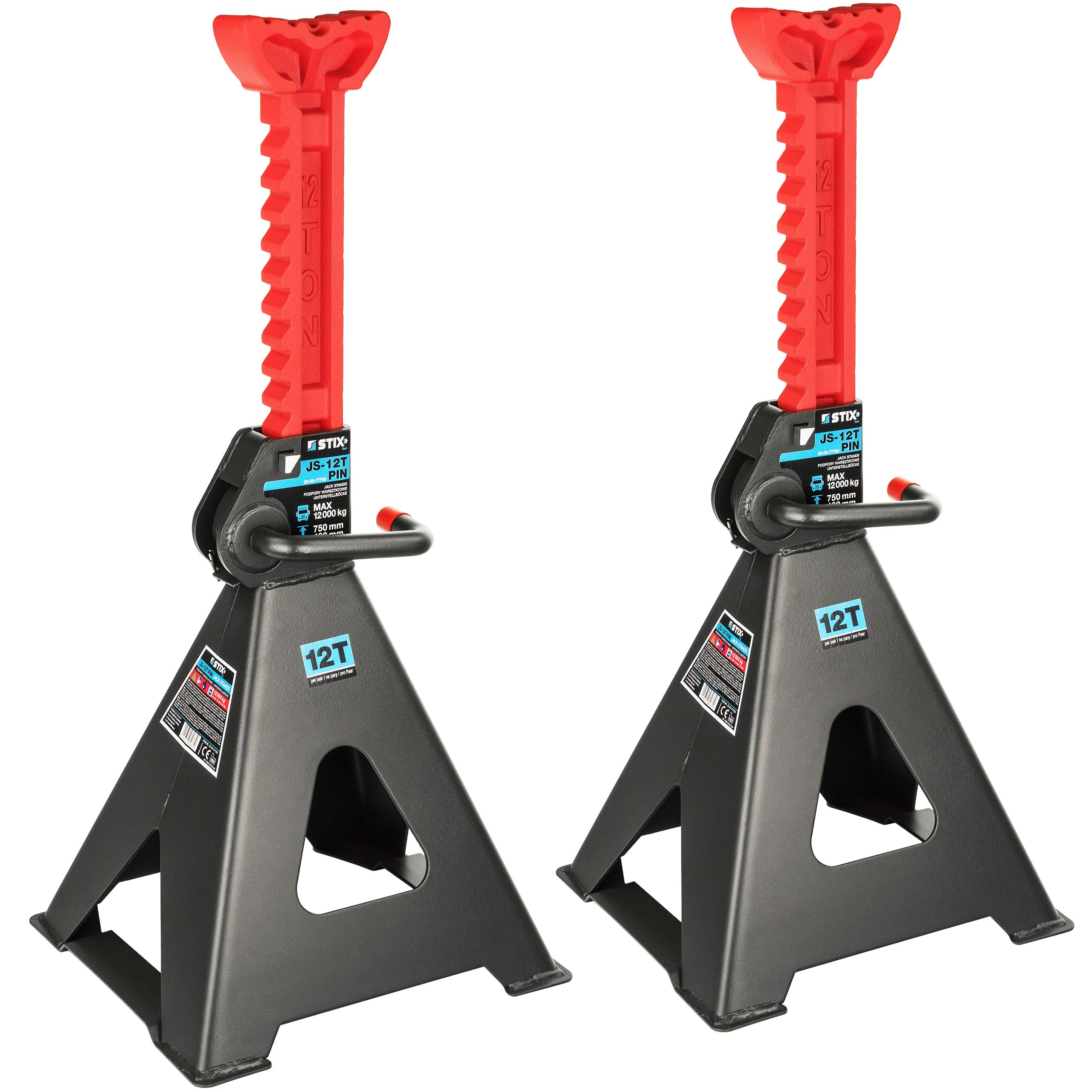 STIX Lot de 2 tréteaux 12T avec goupille de sécurité | Béquille de levage 480-750 mm, hauteur réglable à 13 niveaux, support de cric pour camionnette, camion, atelier
