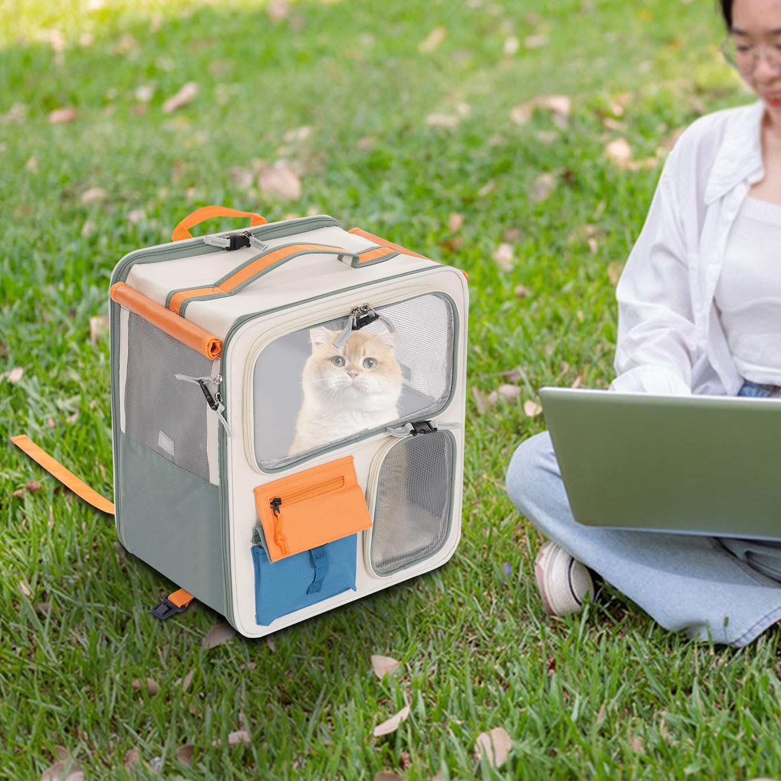 Katzenrucksack Hunderucksack mit Trolley 2 in 1 bis 12,5 kg, Katzentransporttasche Tiertransporter mit 4 Rädern, Multifunktionaler, Atmungsaktive Haustier-Reisetrage für Katzen und Welpen