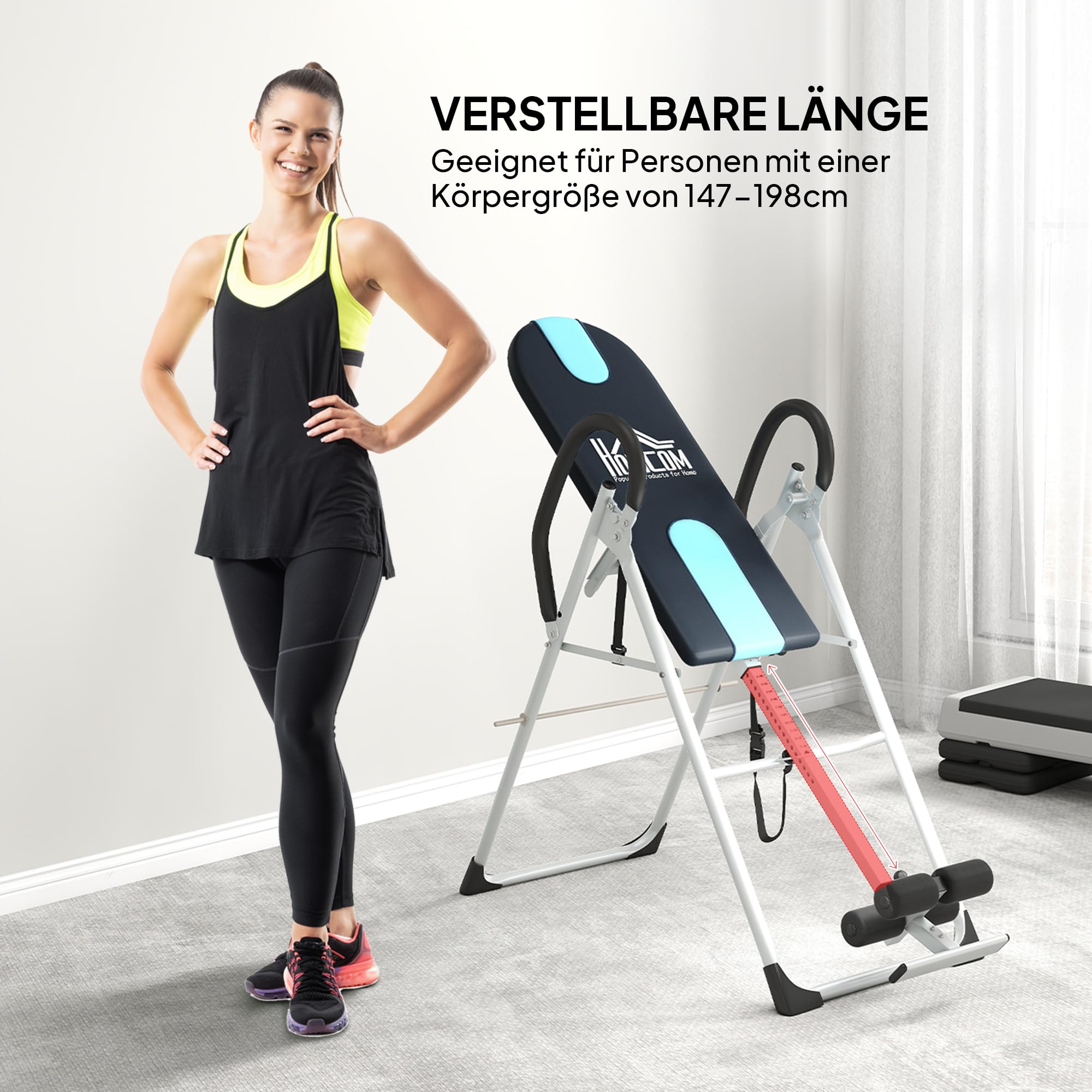 HOMCOM Inversionsbank klappbar Schwerkrafttrainer mit Sicherheitsgurt Inversionstisch mit Verstellber Inversionswinkel Streckbank zur Entlastung der Wirbelsäule, Rückentrainer unterstützt bis 136kg