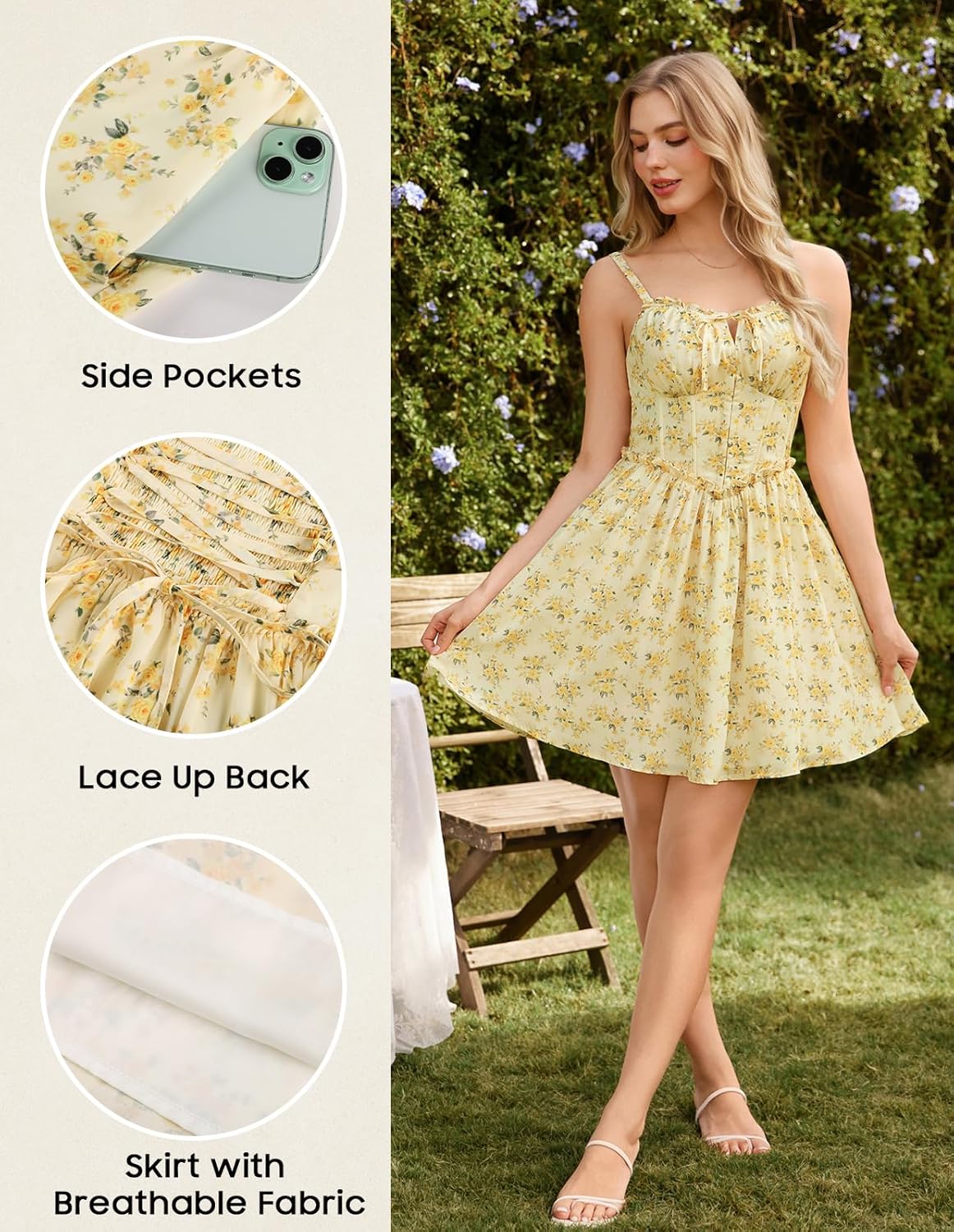 Scarlet Darkness Floral Corset Dress for Women 2026 Summer Sundress Lace Up Mini Milkmaid Dresses with Pockets - Image 5