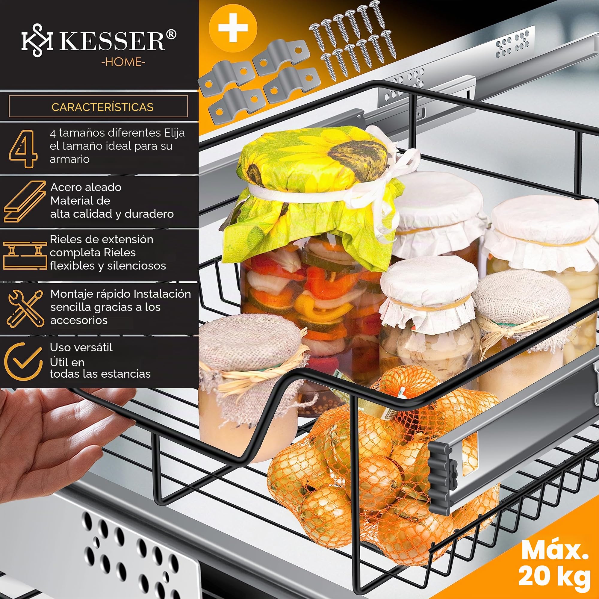 KESSER® cajón telescópico, cajón de cocina, armario de cocina, cesta extraíble, totalmente extraíble