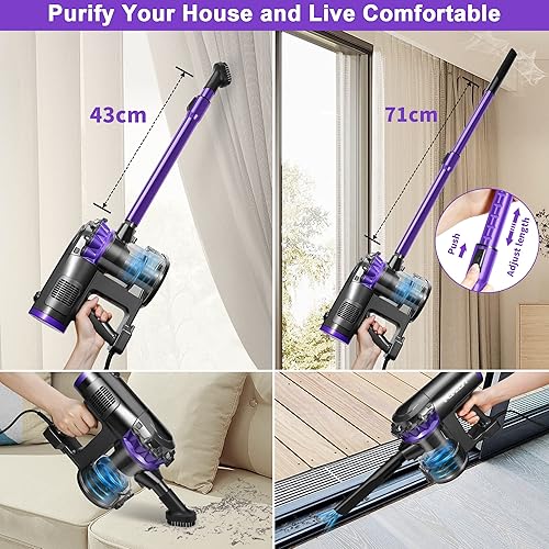 Miniatura 3 de elezon Aspiradora de palo con cable de 23 pies de largo, potente aspiradora multiciclónica de 18 KPa sin bolsa, aspiradora de mano pequeña y ligera