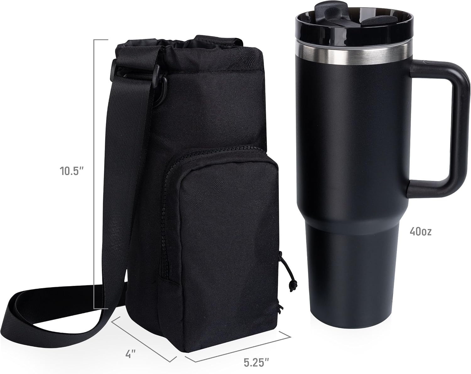 PICNIC TIME Eclipse Tumbler Tote with 40oz Stainless Travel Mug, Eco-Friendly Water Bottle Sling Bag, Crossbody Cup Holder with Phone Pocket & Strap, Recycled Fabric Drink Carrier & Tote (Black) image 4