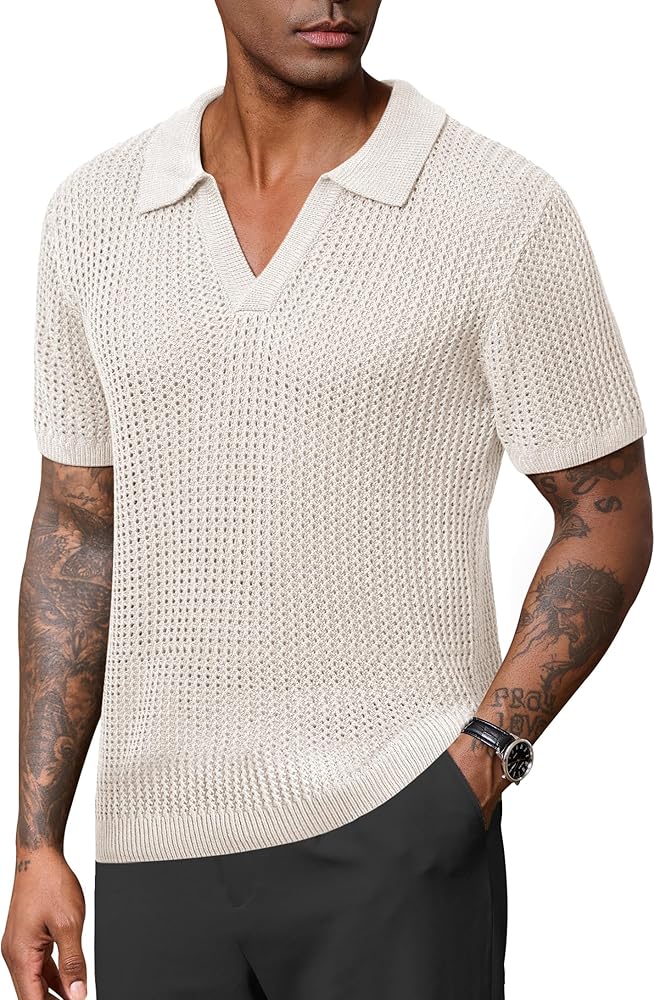VOGSTART Men 2025 Polo Shirt Soft Shirts Hollow Out Crochet Solid