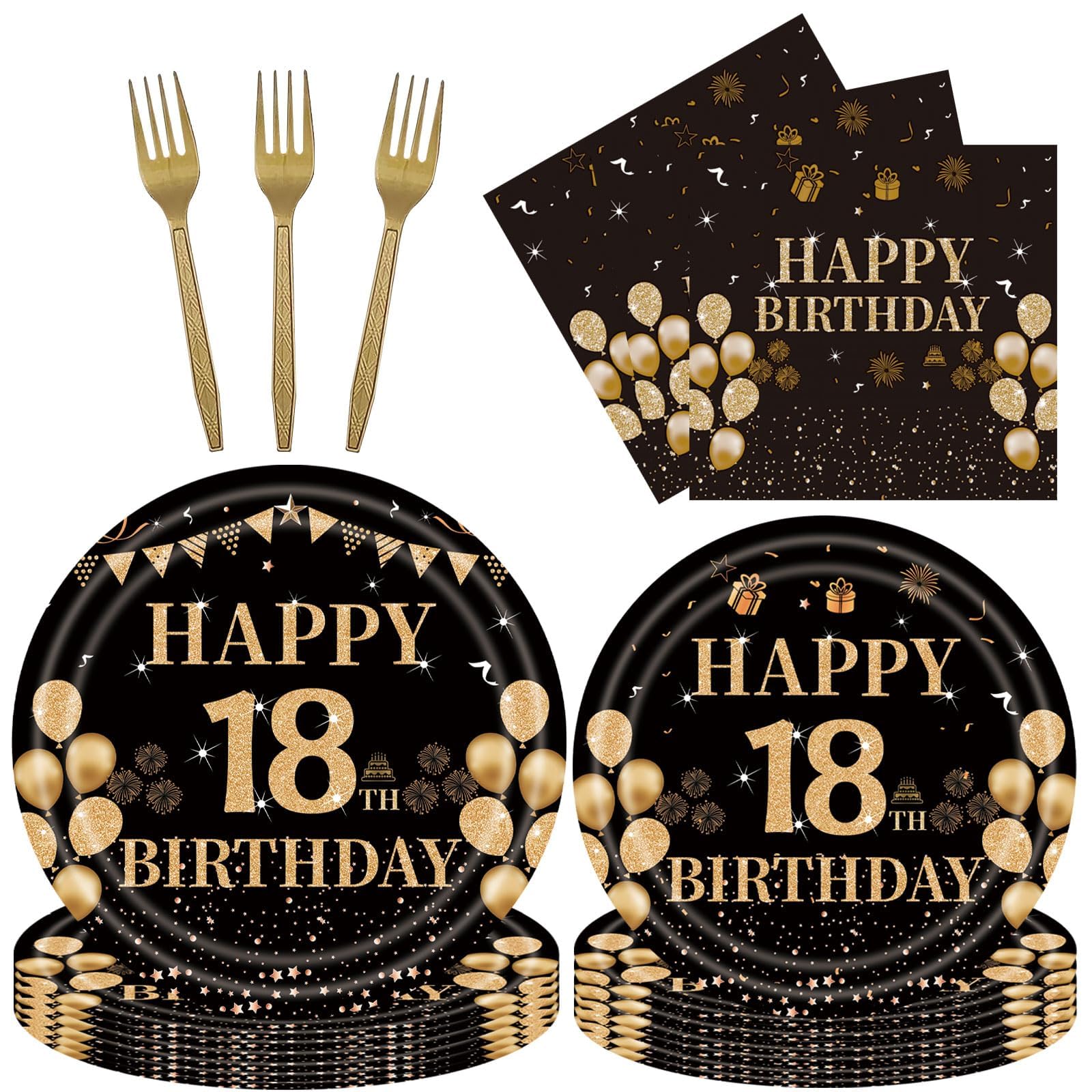 96Pcs Black Gold 18th Birthday Plates and Napkins Forks Set