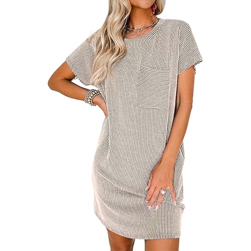 Acelitt Womens Casual Summer Crewneck Short Sleeve Ribbed Mini Tshirt Dress, XS-3XL