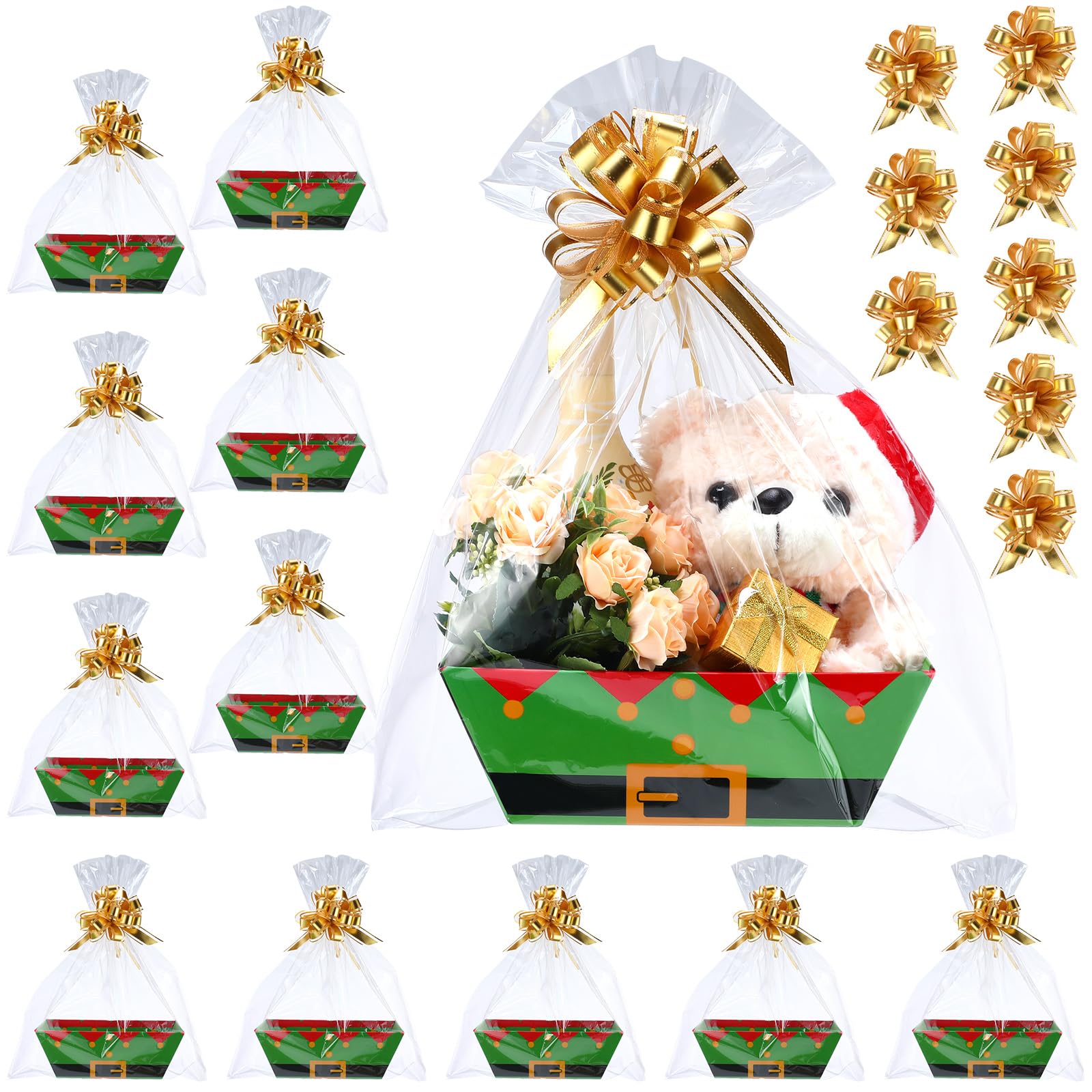 Tioncy Confezione da 44 cesti natalizi vuoti per regali, tra cui 12 cesti regalo vuoti in cartone, 12 sacchetti regalo trasparenti, 20 fiocchi dorati per bellissimi regali, Natale, Pasqua (elfo)
