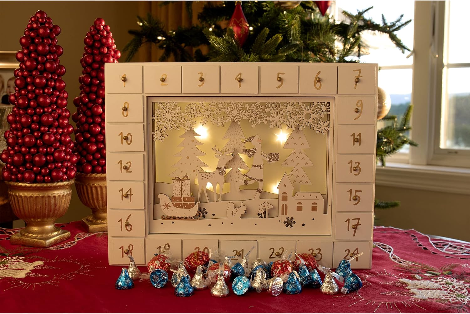 Clever Creations Wooden Christmas Advent Calendar, Countdown to Christmas, LED Holiday Decoration, Battery Operated, Gold Winter Scene