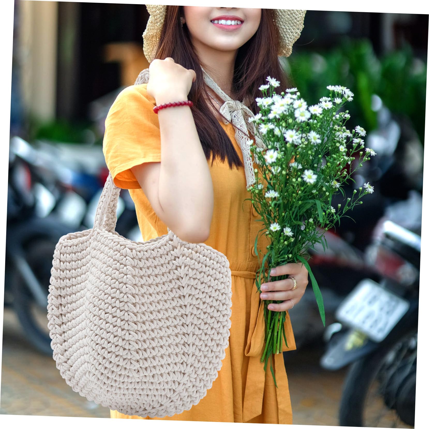 Yardwe Borsa e Facile da Portare in Corda di Cotone Bianca Intrecciata Tote a Mano Elegante Capiente da Donna per Vacanze Estive e Spiaggia