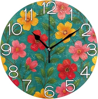 Analog Wall Clock Decorative Round Non Ticking Silent Kitchen Clock Cute, Vintage Wall Decor Living Room Floral Painted Red Green, 9.84inch, Gold Hands