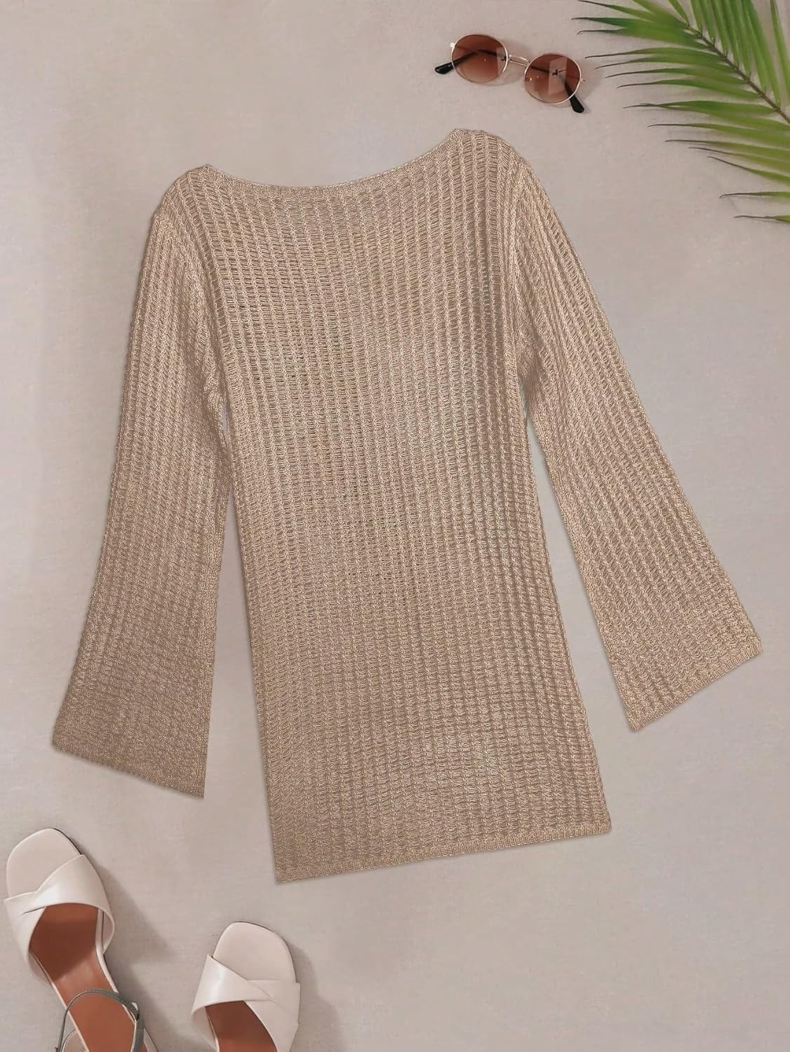 Women's Solid Color Elegant Beach Sexy Hollow Long Sleeve Coverup Short Dress, Spring/Summer cover ups for swimwear