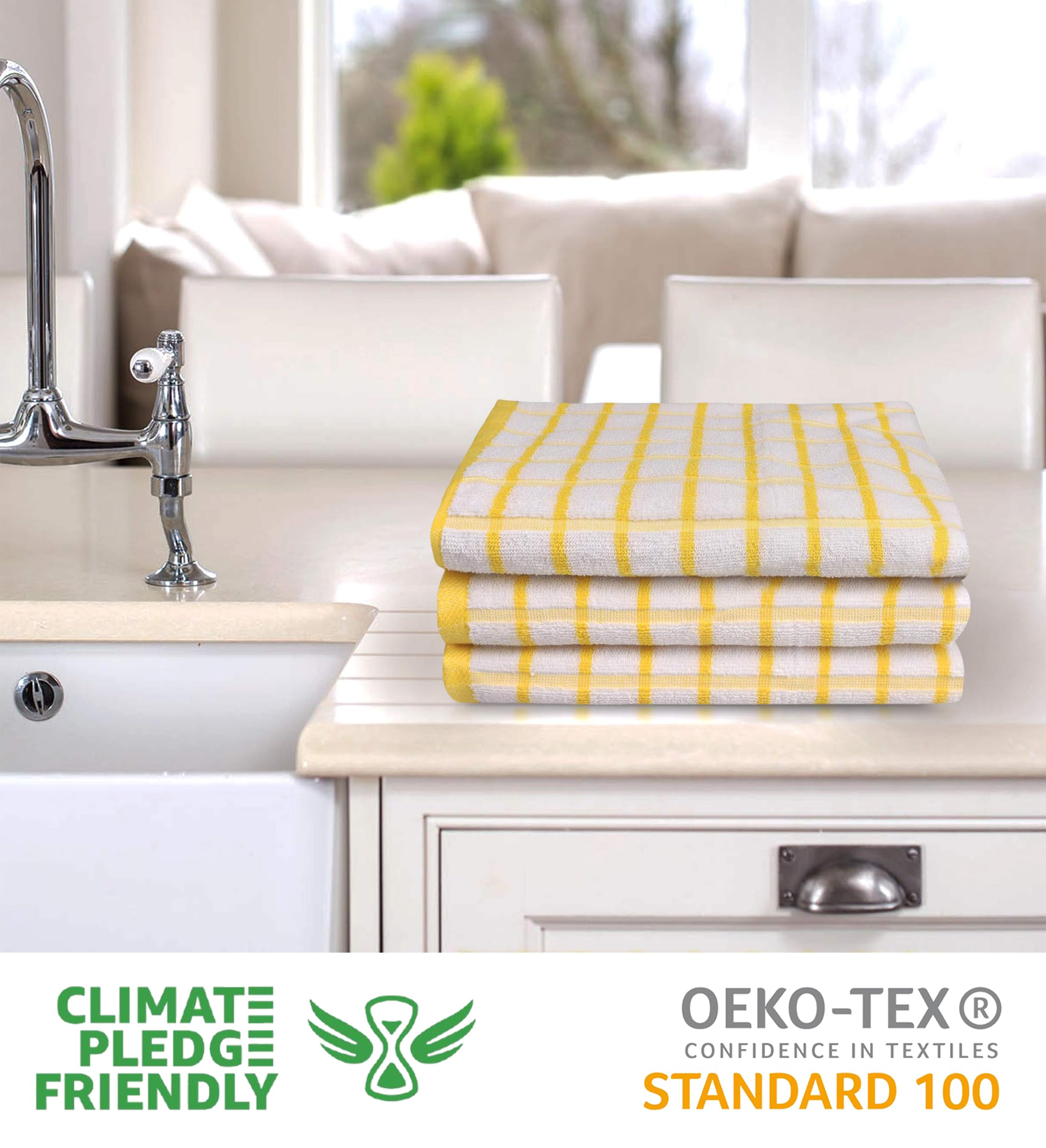 Urban Villa Terry ścierki kuchenne, jakość premium, 100% bawełna, bardzo miękkie, wymiary: 51 x 76 cm, żółte/białe, bardzo chłonne, bardzo duże ściereczki kuchenne z pętelką do zawieszenia (zestaw 3 szt.)