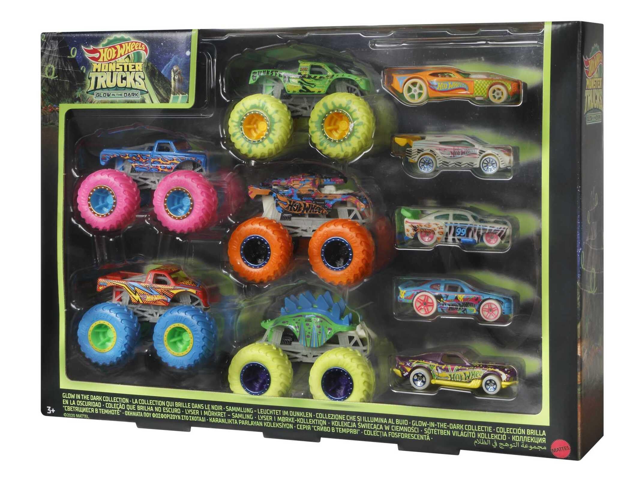 Hot Wheels Multipack Glow in The Dark™ Monster Trucks 10 vehículos de Juguete: 5 Monster Trucks y 5 Coches a Escala 1:64, Regalo Coleccionable para niños de Entre 4 y 8 años, HCB57