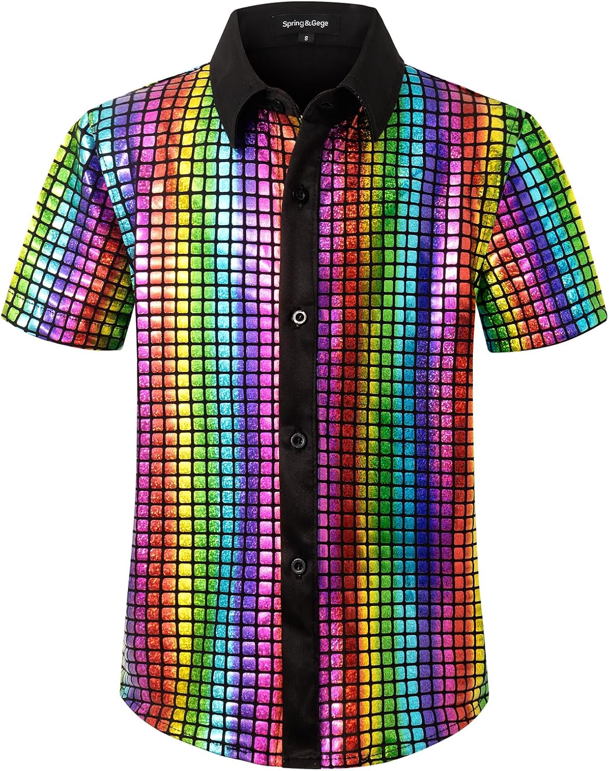 Spring&Gege Boys' Sequin Button Down Shirt Short Sleeve Sparkly Glitter Dance Top Metallic Party Outfits Shirt（5-14 Years）
