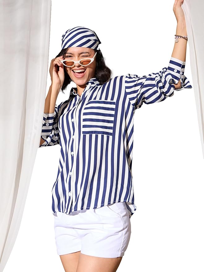 barcino Pink Multi Stripes Pocket Detail Oversized Shirt