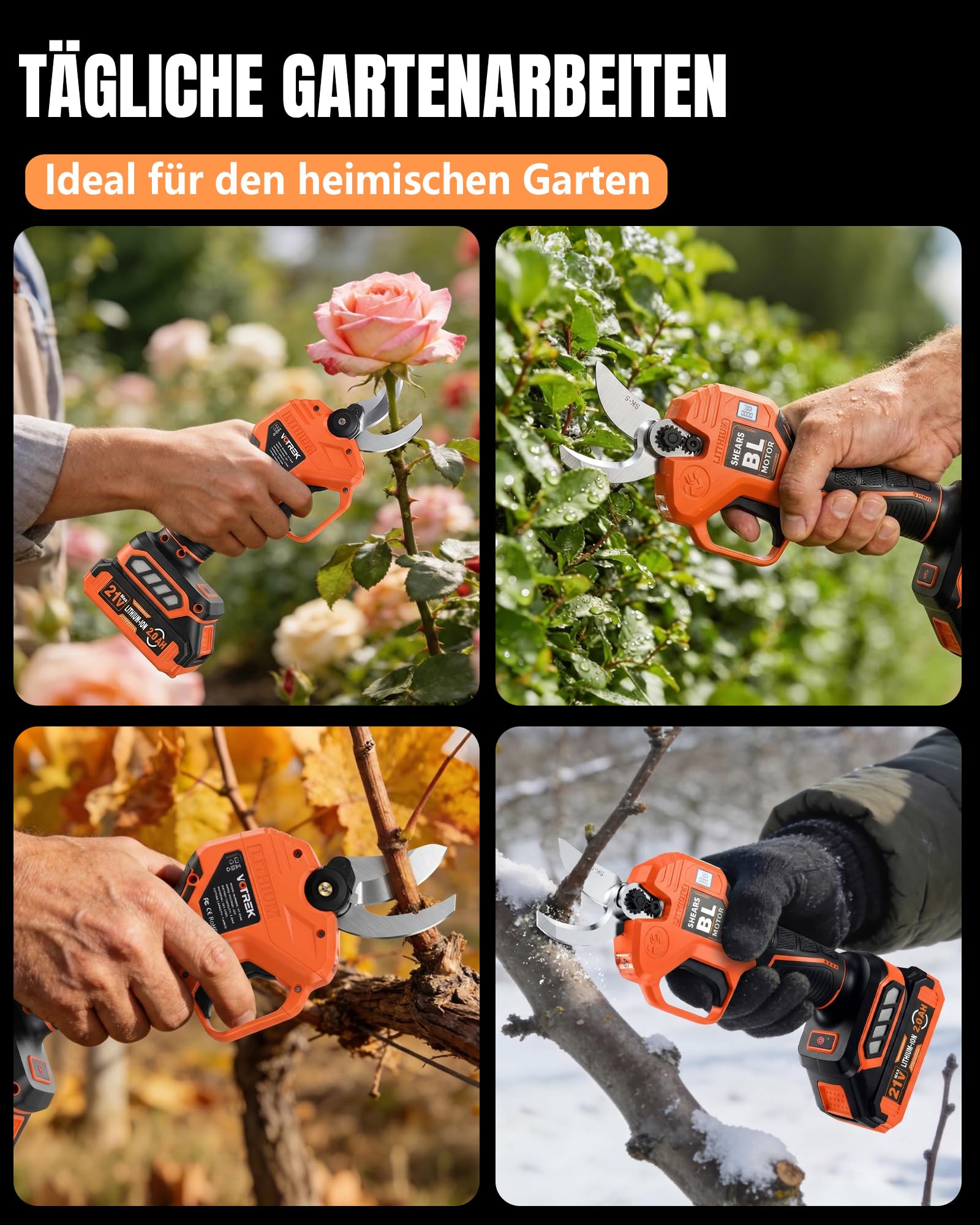 Akku Astschere 40mm mit 2 Akkus, Elektrische Gartenschere mit 600W bürstenlosem Motor, SK5 Klinge, LED, Längere Laufzeit für unterbrechungsfreies Arbeiten[Two Batteries]