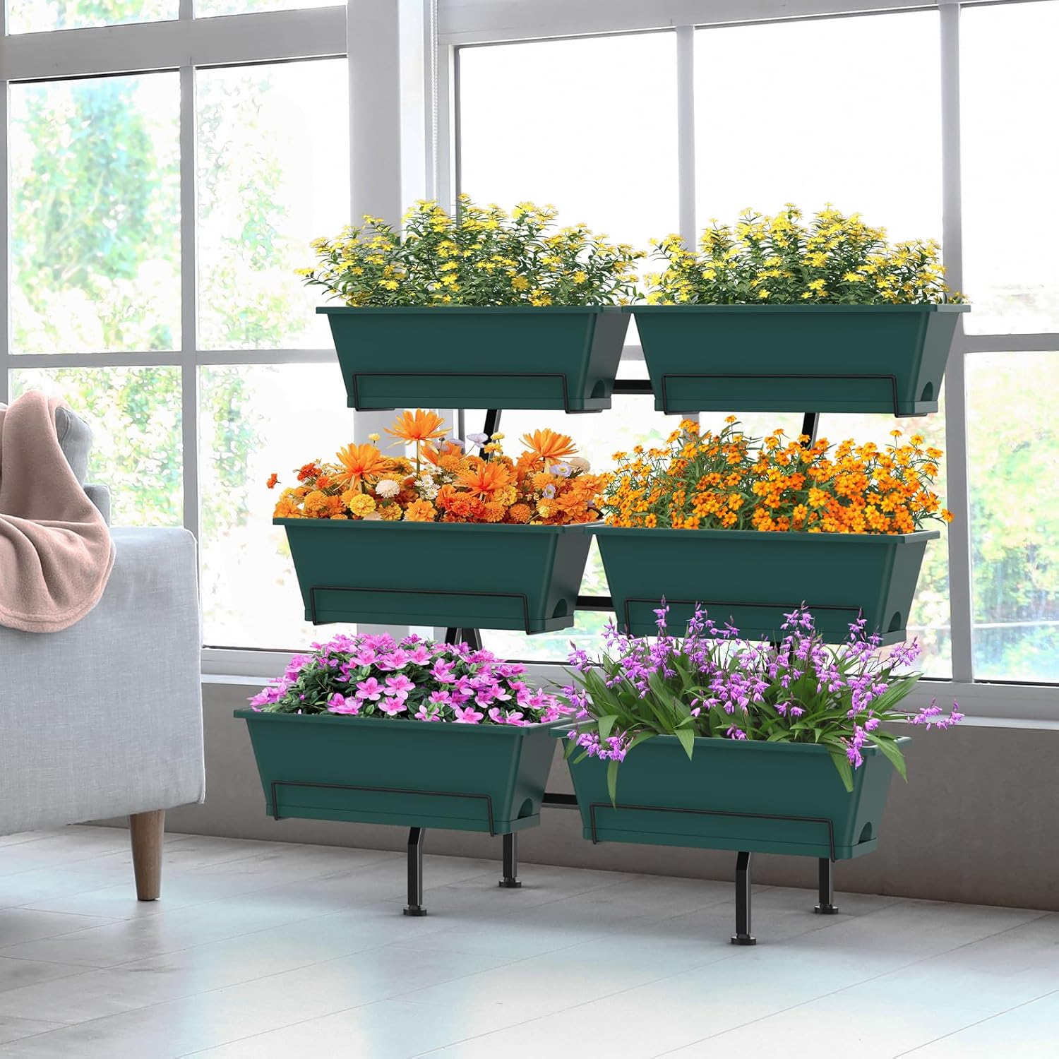 Sunexinlo 3-Tier Vertical Garden Planter with 6 Boxes, 31" Tall Raised Garden Bed with Adjustable Feet for Herbs, Flowers, Vegetables, Ideal for Indoor, Outdoor, Patio, Balcony, Deck Use, Green