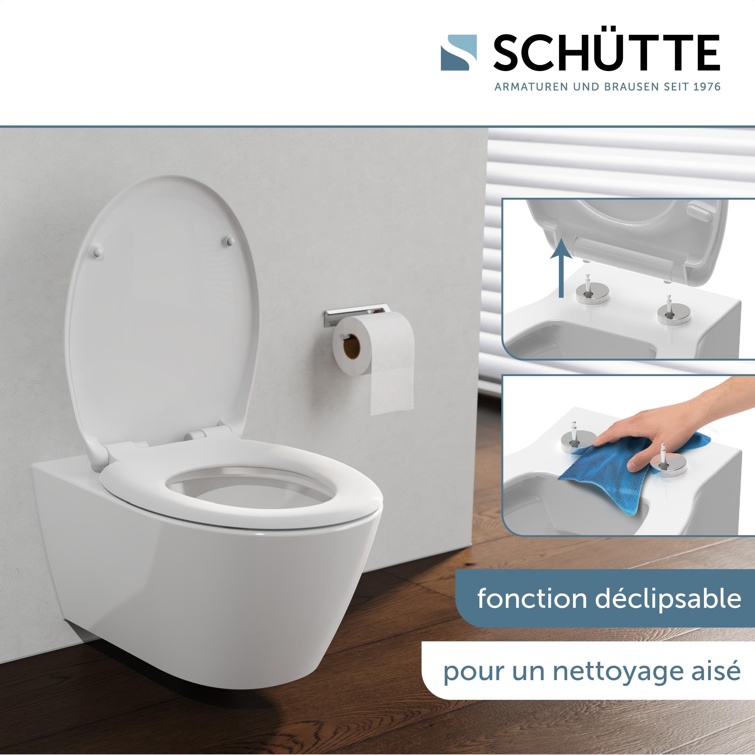 Schütte Abattant WC avec système d'abaissement Automatique, certifié TÜV, Couvercle de Toilette Amovible en matériau incassable, Montage Facile grâce au gabarit de Montage, Couvercle de Toilette et