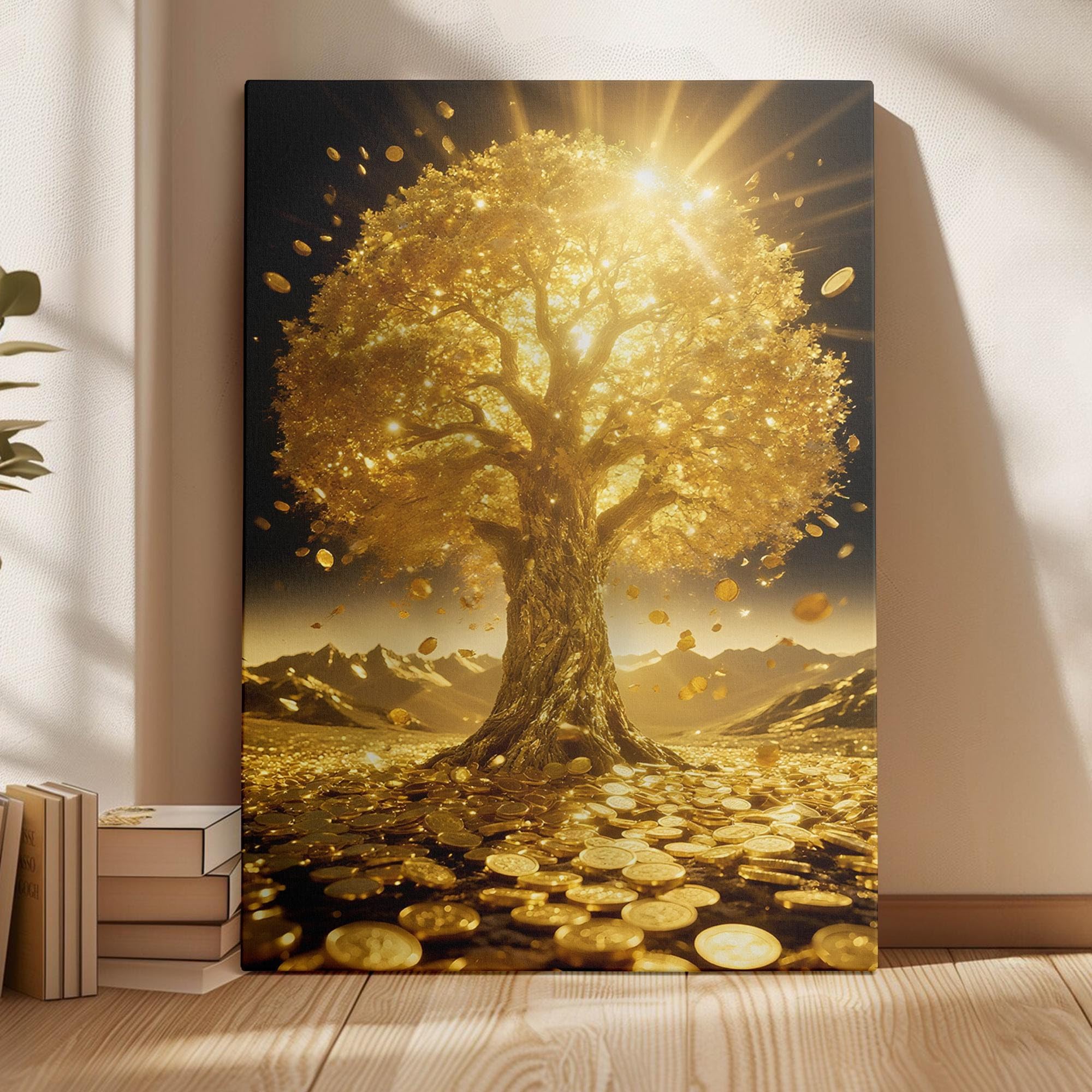 XBTYKPB Lienzo decorativo Árbol del Dinero Dorado: Decoración Feng Shui para la prosperidad, láminas y pósteres para la decoración del hogar en la sala de estar (70x100cm/marco interior)