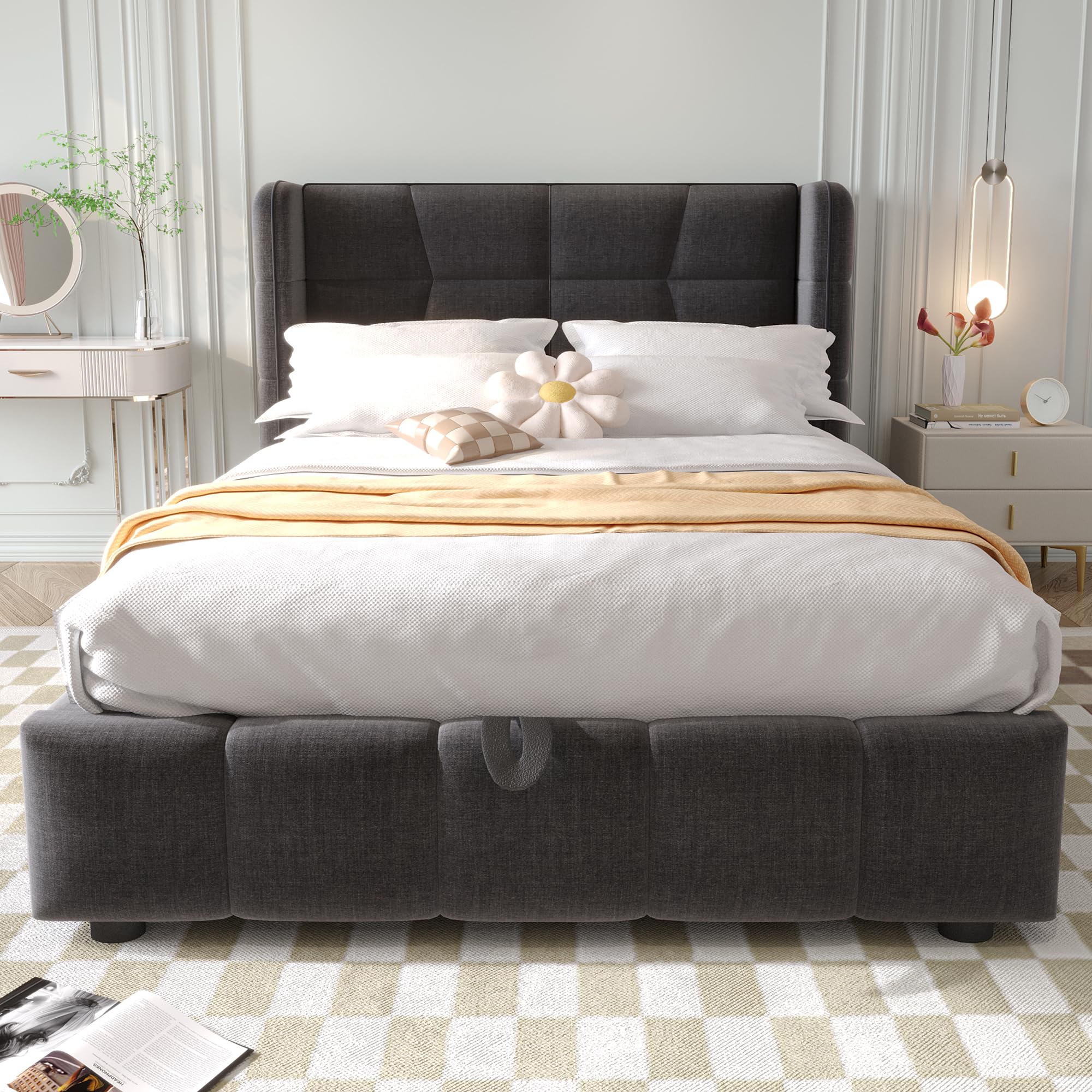 Letto Contenitore 90x200 con Sistema di Sollevamento Pneumatico Single Bed Rivestimento in Lino Su Telaio Metallico Rinforzato con Testiera Imbottita Letto Imbottito Abitazione