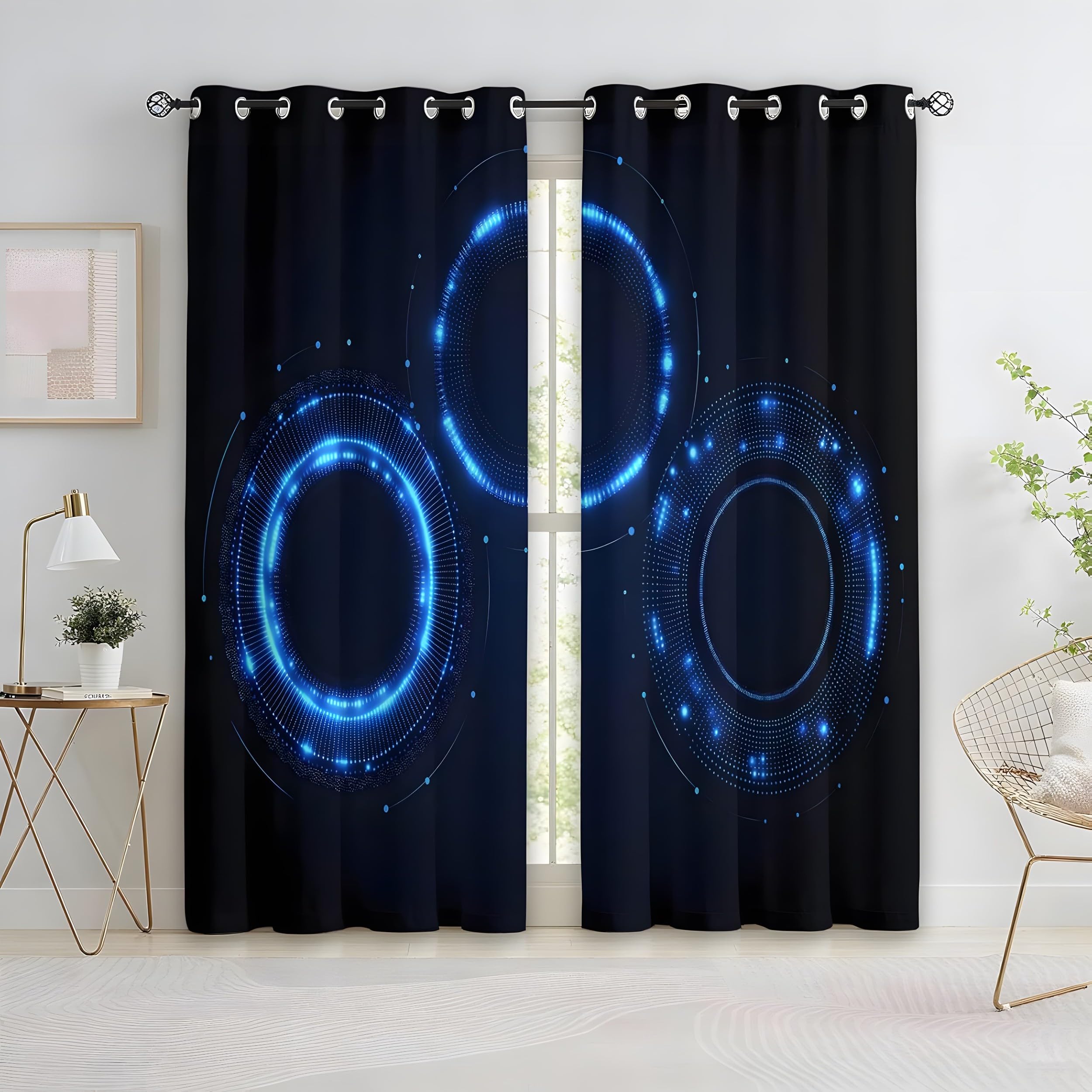 YZQGLHP Futuristic Style Curtains, W 46" x L 54" (117 x 137 cm), Circles Blackout and Heat-Insulating Curtains, Curtain 2 Pieces in a Pack, Suitable for Bedrooms and Living Rooms